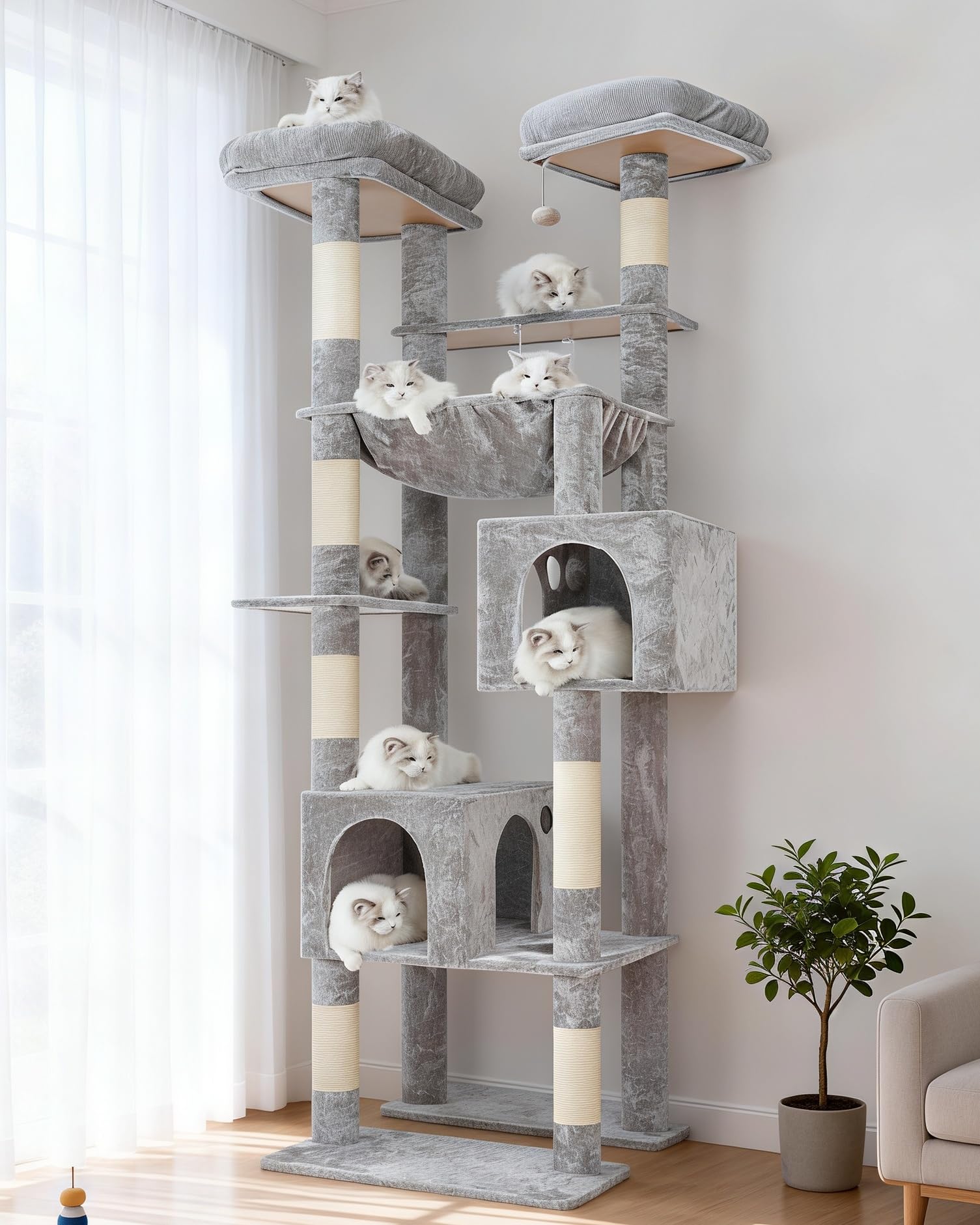 Hey-brother Tall Cat Tree Tower, Heavy Duty Scratching Posts with Large Platforms, Cozy Condos, Big Hammock, Toy Balls, Multi-Level Furniture for Indoor Adult Cats, 203 cm, Light Gray, MPJ039W