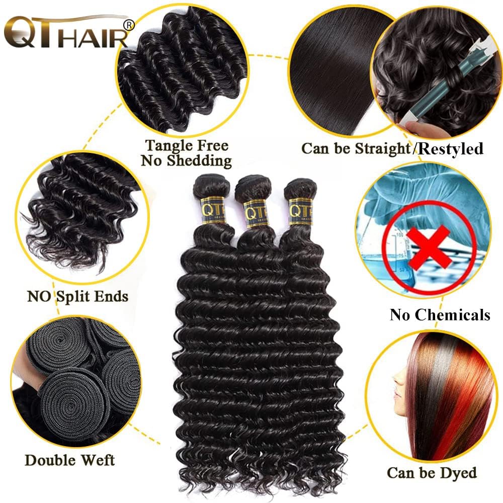 QTHAIR 18A Deep Wave Human Hair Bundles with Closure 4x4 Middle Part Hd Lace Closure(14" 16" 18"+12",) 100% Unprocessed Deep Wave Bundles Human Hair