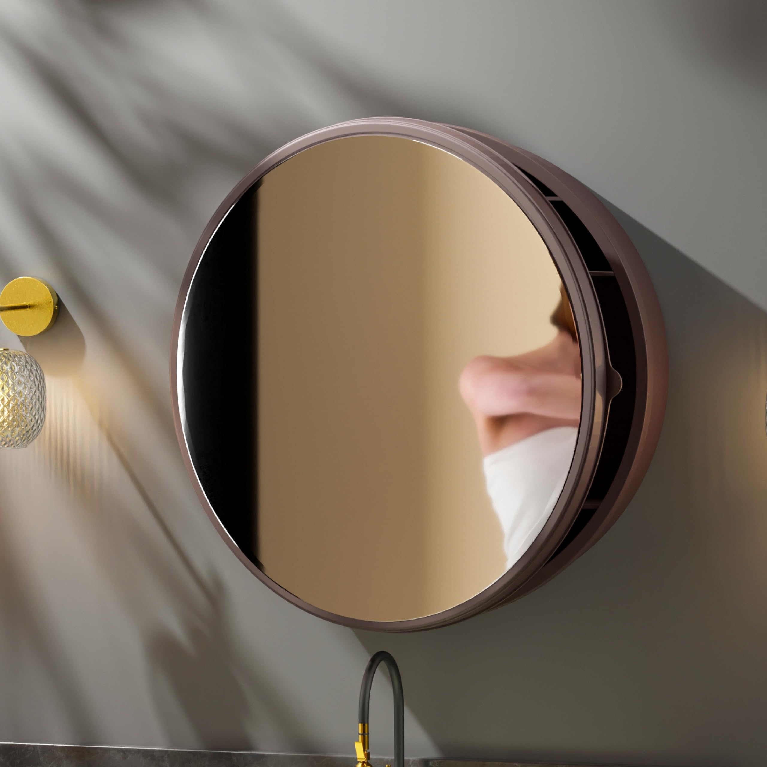 iSTAR 16 Inch Round Wall Mirror with Storage Shelf, Brown Color | Bathroom Vanity Glass with Hidden Storage Cabinet | Wall Mounted Decorative Reflector for Bathroom, Bedroom, Living Room-image-10