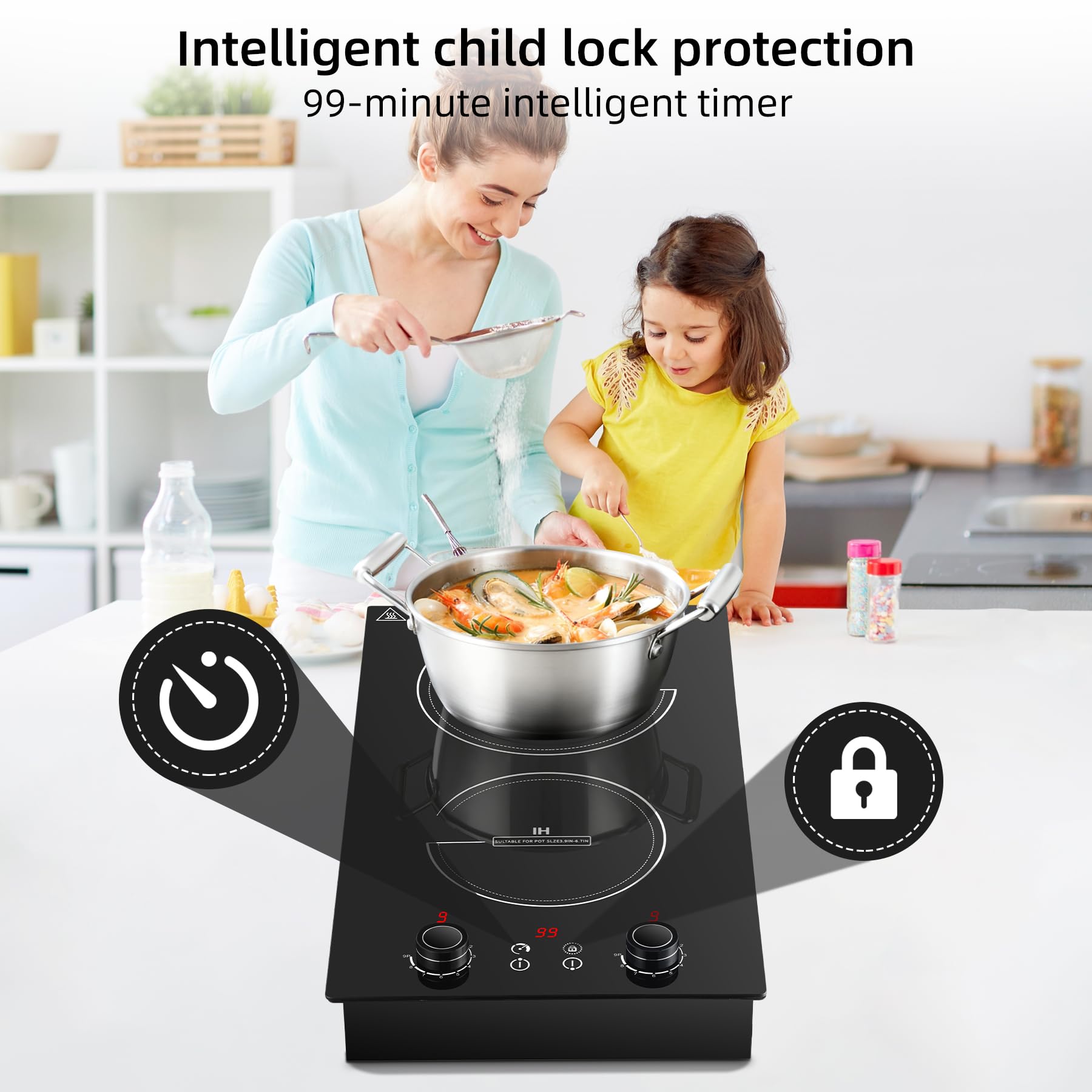 Wesonorous Double Induction Cooktop,110V 2600W 2 burner induction cooktop with hot plat with LED Touch Screen 10 Levels,Child Safety Lock & Timer view 6