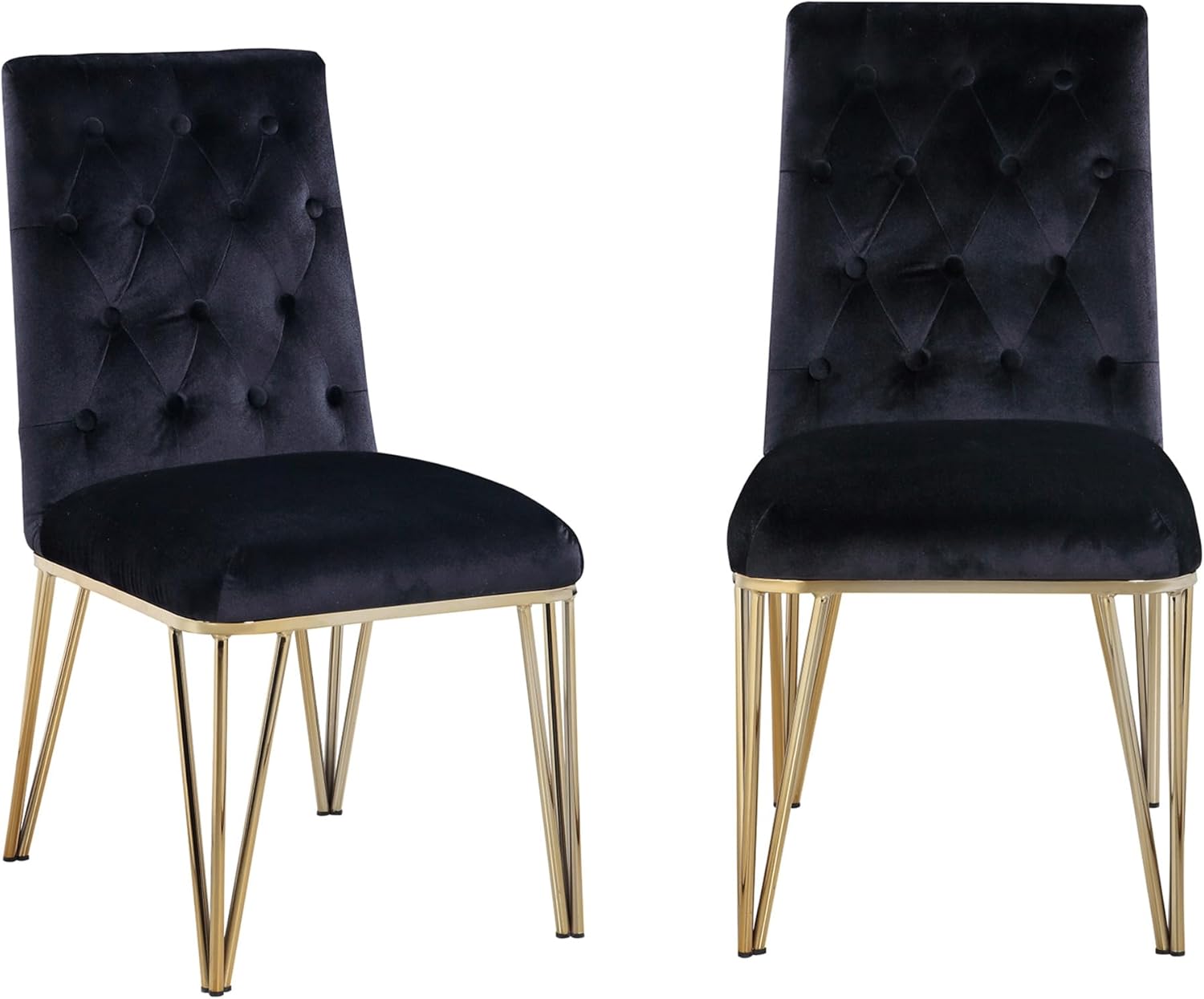 Iconic Home Callahan Dining Side Chair Button Tufted Velvet Upholstered Solid Gold Tone Metal Base Spindle Legs (Set of 2), Modern Contemporary, Black