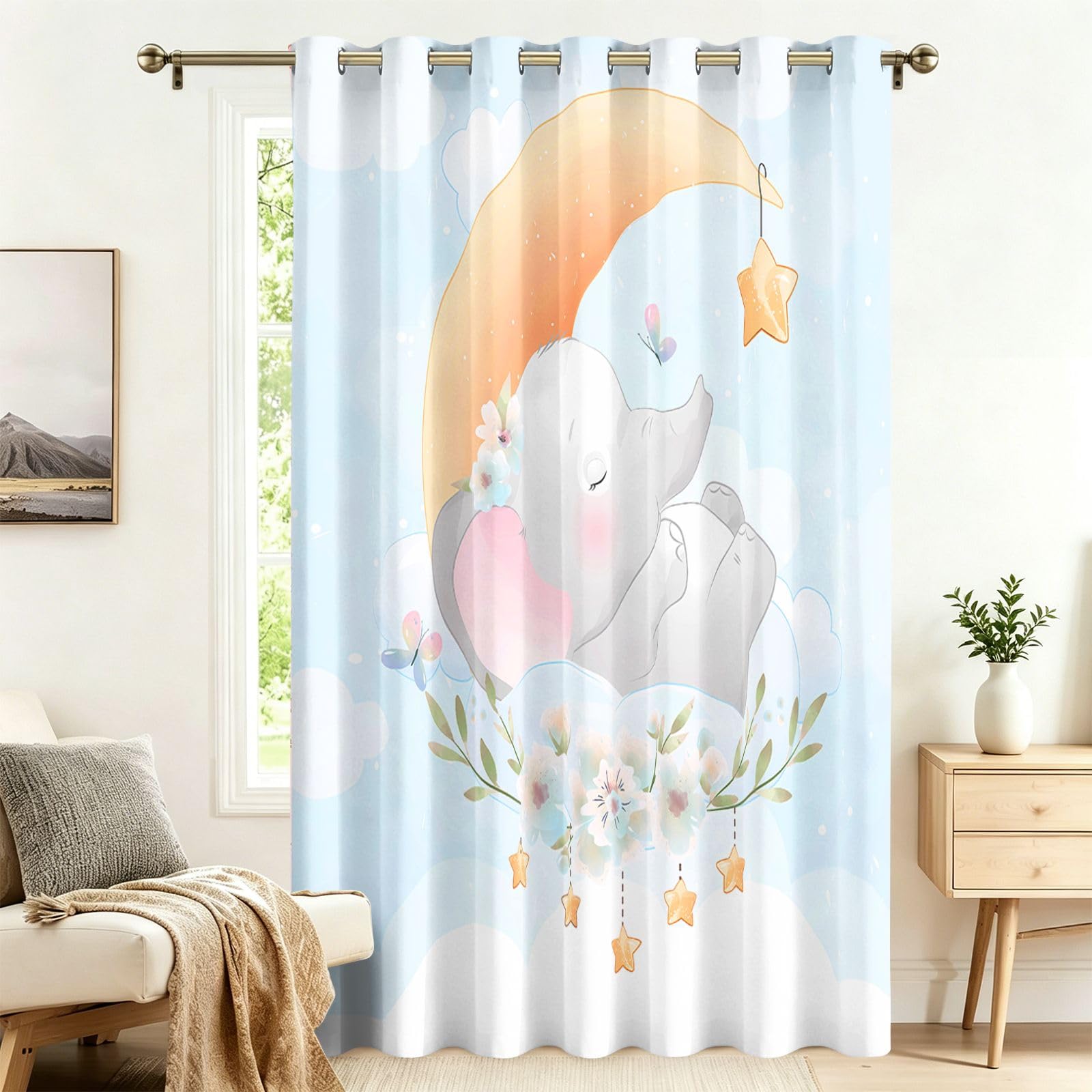 Fadaing Sleeping Elephant Blackout Curtains with Eyelets, 1 Piece, Extra Wide Living Room Door Curtain, 242 x 132 cm, Privacy Screen, Opaque, Patterned, Against Heat, Darkening Room Divider