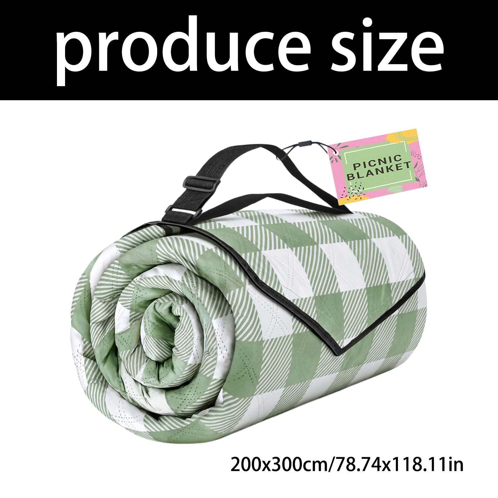 Tappetino da picnic portatile con tracolla, coperta pieghevole verde a quadretti 200 x 300 cm per copertura del terreno da campeggio, posti a sedere nel parco e gite un giorno all ' aperto Coperta