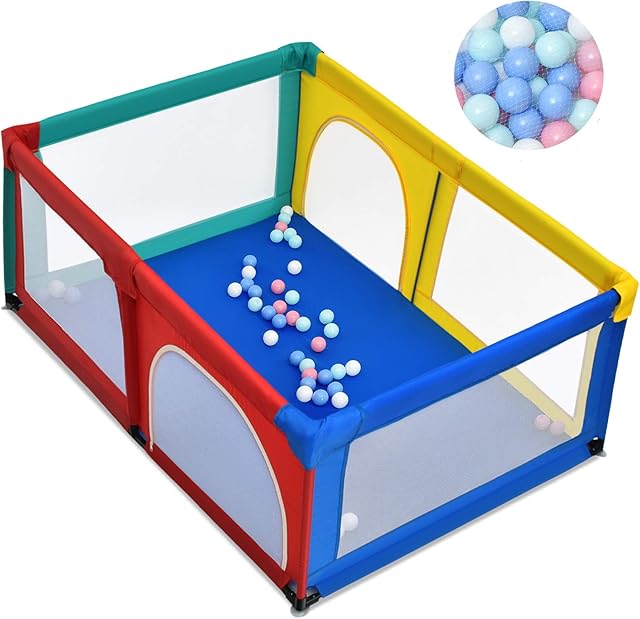 COSTWAY Baby Playpen, Large Infants Activity Center with 50 Balls, Breathable Mesh and Zipper Door, Toddlers Safety Playard for Indoor & Outdoor (190 x 120 x 70cm, Multicolour)