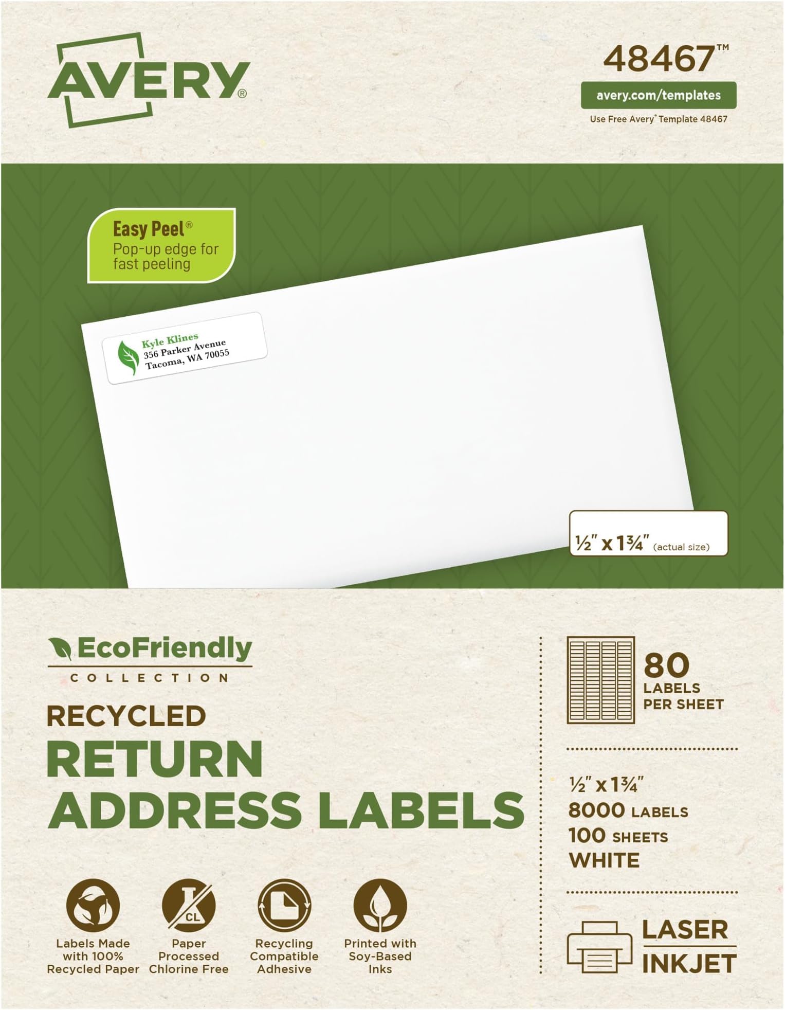 Avery EcoFriendly Recycled Return Address Labels, 1/2" x 1-3/4", White, Permanent Label Adhesive, 8,000 Printable Labels (48467) (Pack of 5)