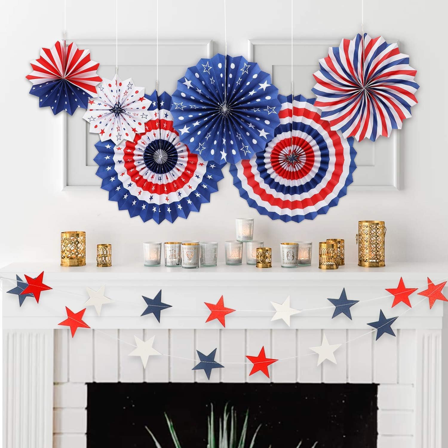 4th/Fourth of July Patriotic Party Decorations Set- Red White/Silver Blue Star Streamers and 6Pcs Red White Blue Hanging Paper Fans for American Independence Day Party Decor Supplies - Image 2