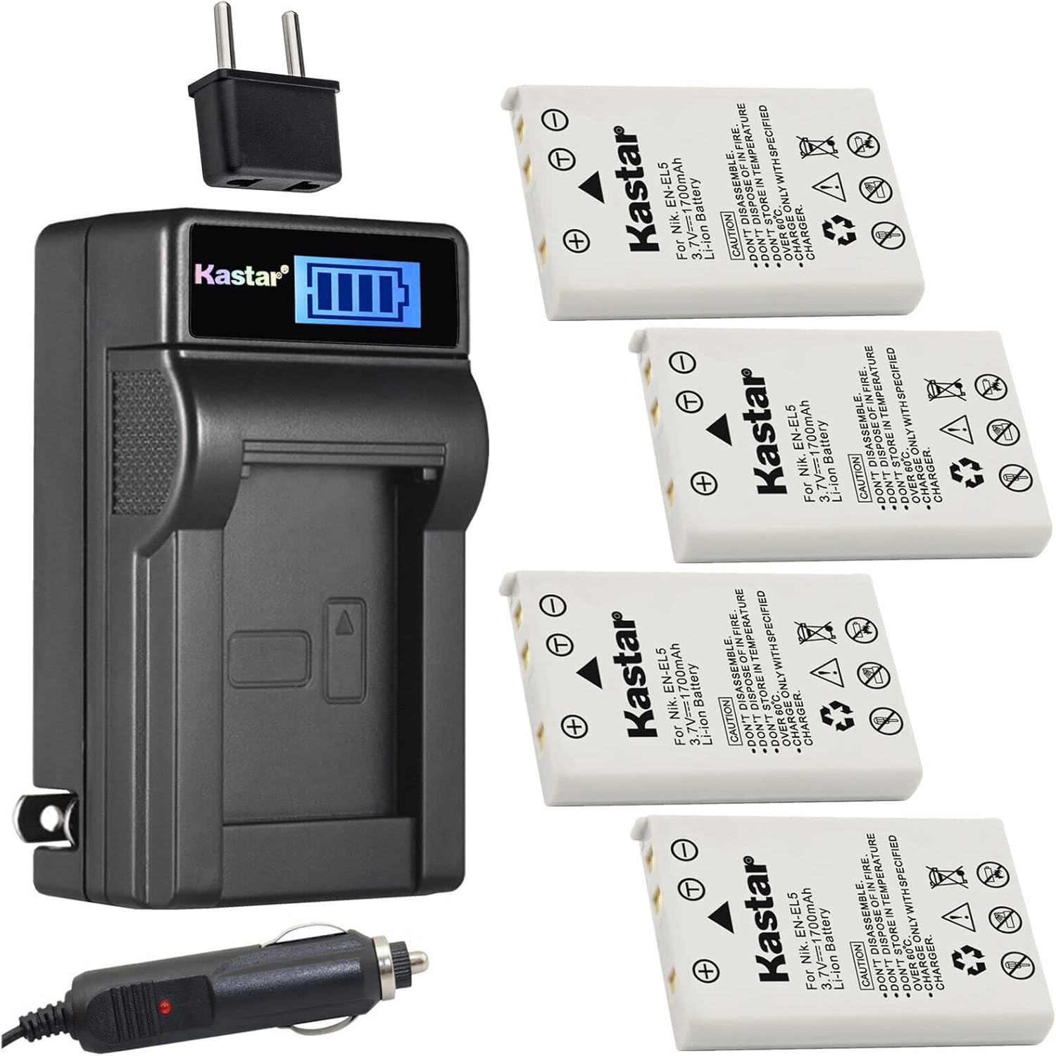 Kastar 4-Pack EN-EL5 Battery and LCD AC Charger Compatible with Nikon Coolpix P90, Coolpix P100, Coolpix P500, Coolpix P510, Coolpix P520, Coolpix P530, Coolpix P5000, Coolpix P5100 Digital Cameras