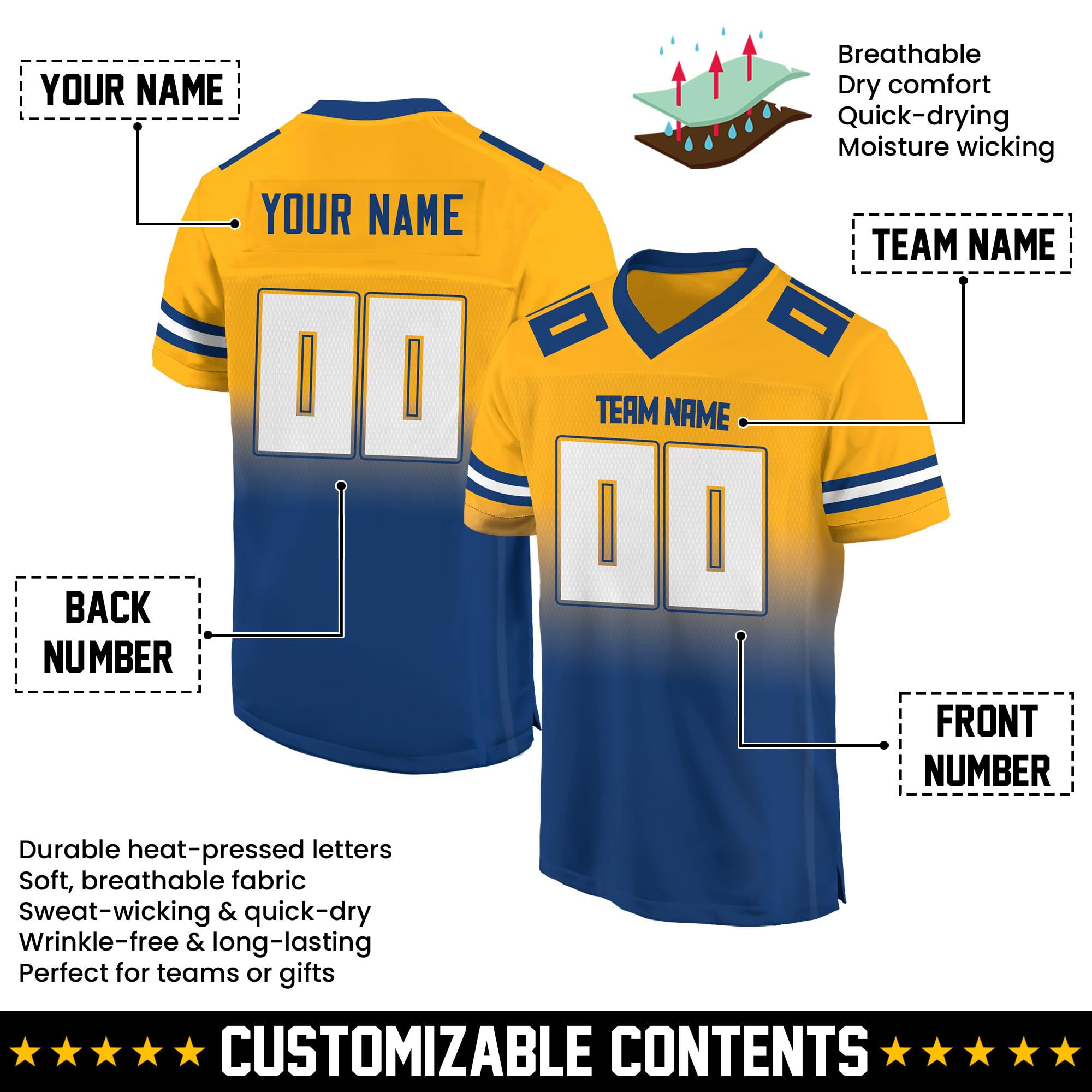 Custom Football Jersey - Personalized Name, Number & Logo, Gradient Customized Yellow & Blue Sports Jersey for Men, Women, Youth, Toddlers
