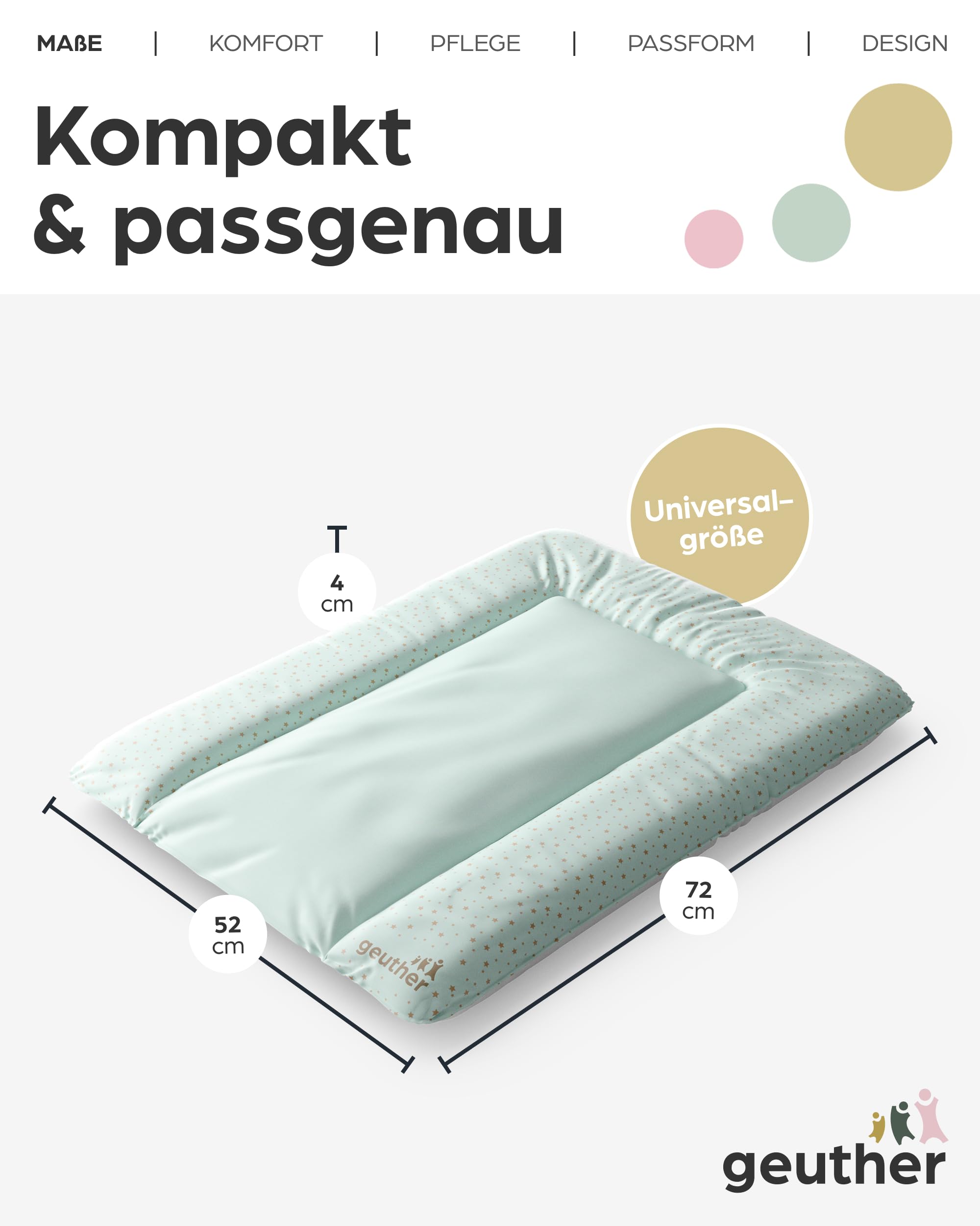 Geuther Wickelauflage abwaschbar 52x72 cm | Wickelunterlage Lilly für Wickelregal Clarissa & andere | Sicher dank erhöhtem Rand & Kopfschutz | Wickeltischauflage | Design Starry Night Green