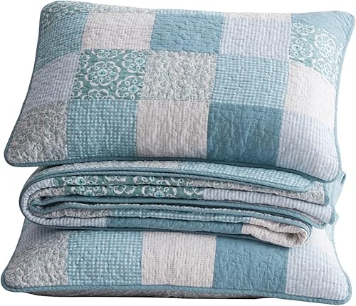 Vista 155 de Chezmoi Collection Samuel Juego de colcha con relleno de cuadros gris pardo, blanco y azul marino, 3 piezas, retales, algodón prelavado, ligero