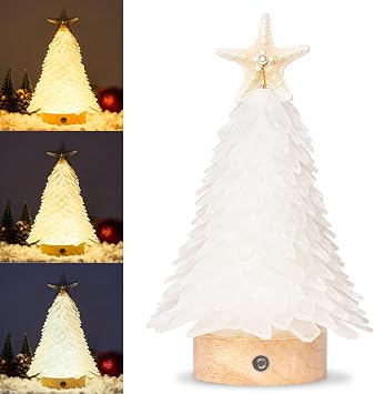 White Sea Glass Christmas Tree, Mini Christmas Tree with 3-Color LED Lights