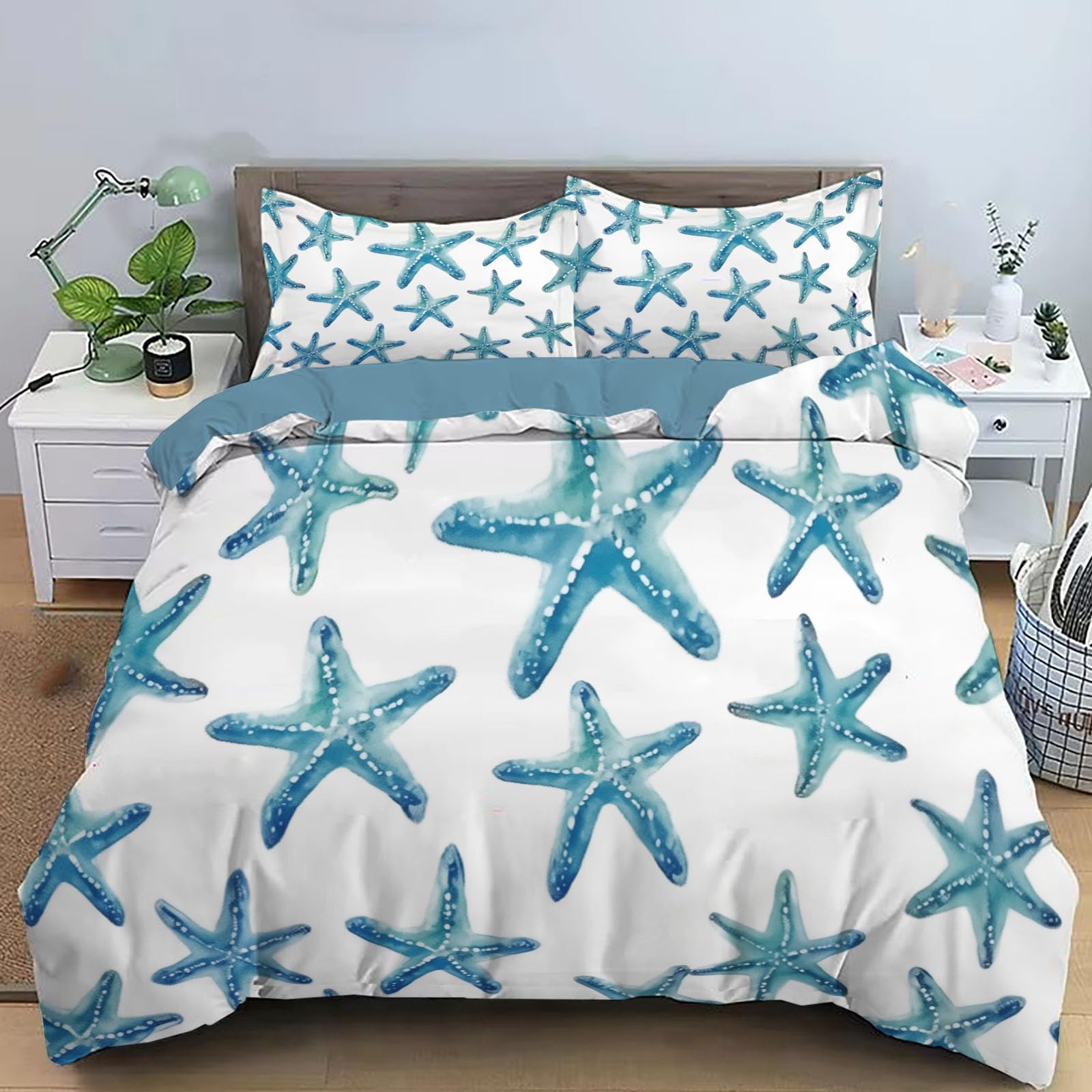 Housse de couette réversible enfant bleu motif animaux de plage 260x240
