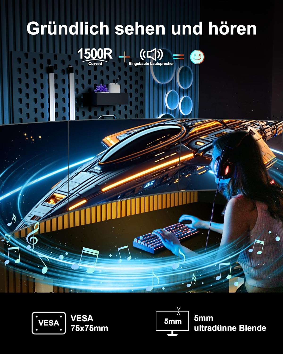 Minifire Monitor Curvo 24 Zoll 100Hz Type-C 2.5W Schermo PC con altoparlante - Pannello VA 1500R FHD (1920 x 1080p), MPRT 1ms, sRGB100%, meno luce blu, HDMI 1.4, supporto VESA 75 * 75 - Nero（MF24C1）