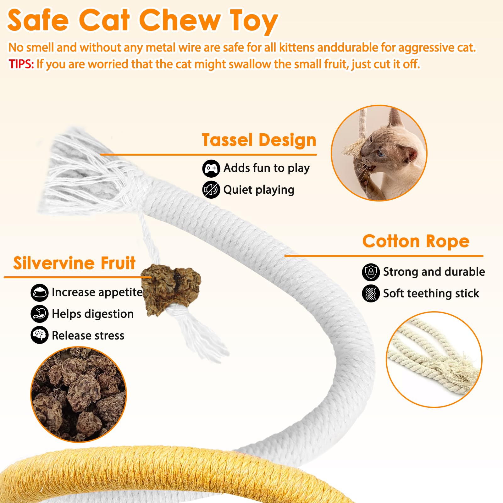 Tocirelo Lot de 6 jouets à mâcher en corde pour chat pour le nettoyage des dents, jouets interactifs pour transférer la mastication des fils, corde en coton avec boule naturelle de vigne d'argent