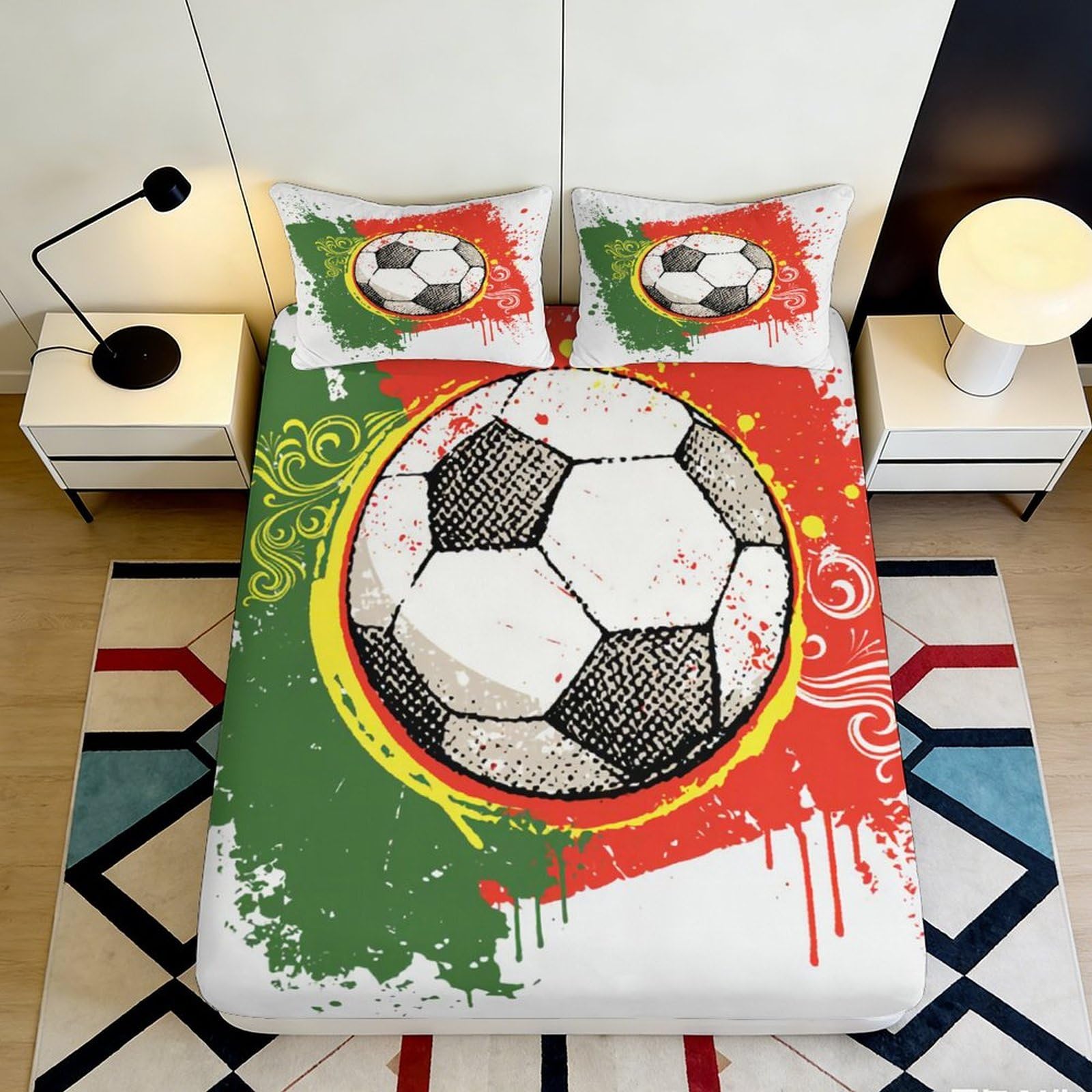 3D Printed Soccer Theme Fitted Sheet Microfiber Soft Breathable Football Art Bed Cover for Bedroom Dorm Mattress Protection Decor 90x200x25cm