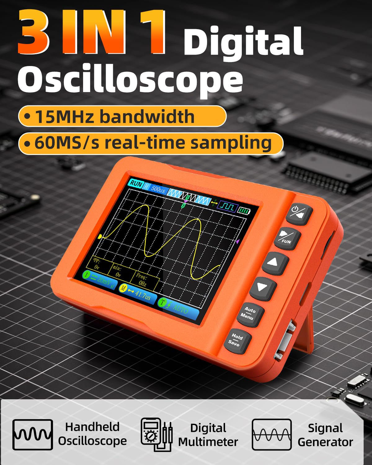 Osciloscopio Portátil 3 en 1, 15MHz 60MS/s Osciloscopio Digital Multímetro con Generador de Señales DDS, Medición de Voltaje AC/DC, Capacitores, Resistencias, Prueba de Diodos para Automoción