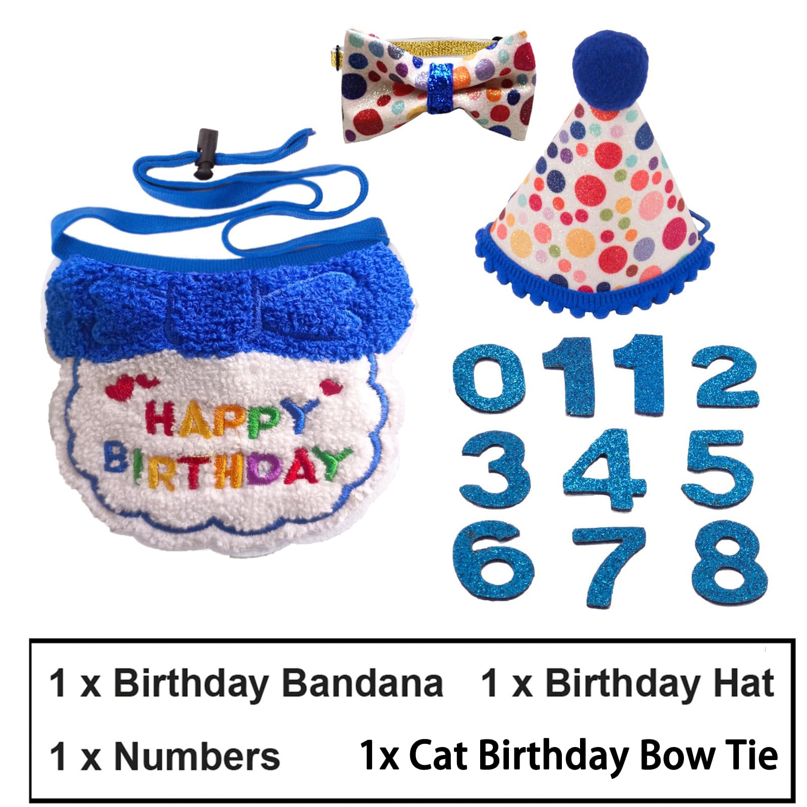 Lot de 4 chapeaux et bandanas pour chat - Tenue d'anniversaire réglable avec nœud papillon - Décorations de fête d'anniversaire pour animaux domestiques - Fournitures de décoration de fête