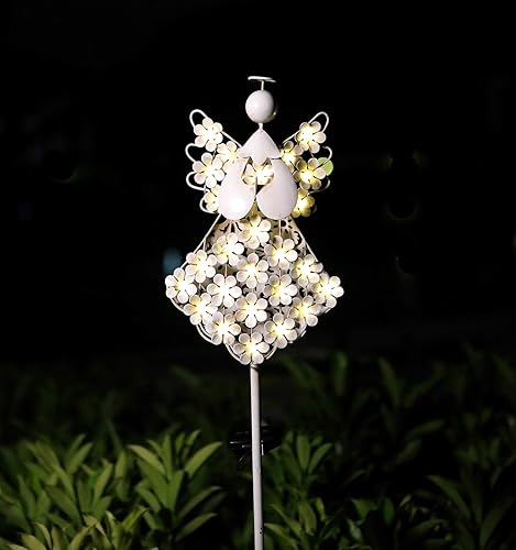Miniatura 2 de Luces solares de ángel blanco para jardín, regalo conmemorativo de hortensias de metal con 27 LED, perfectas para recuerdo y simpatía (7.7 pulgadas
