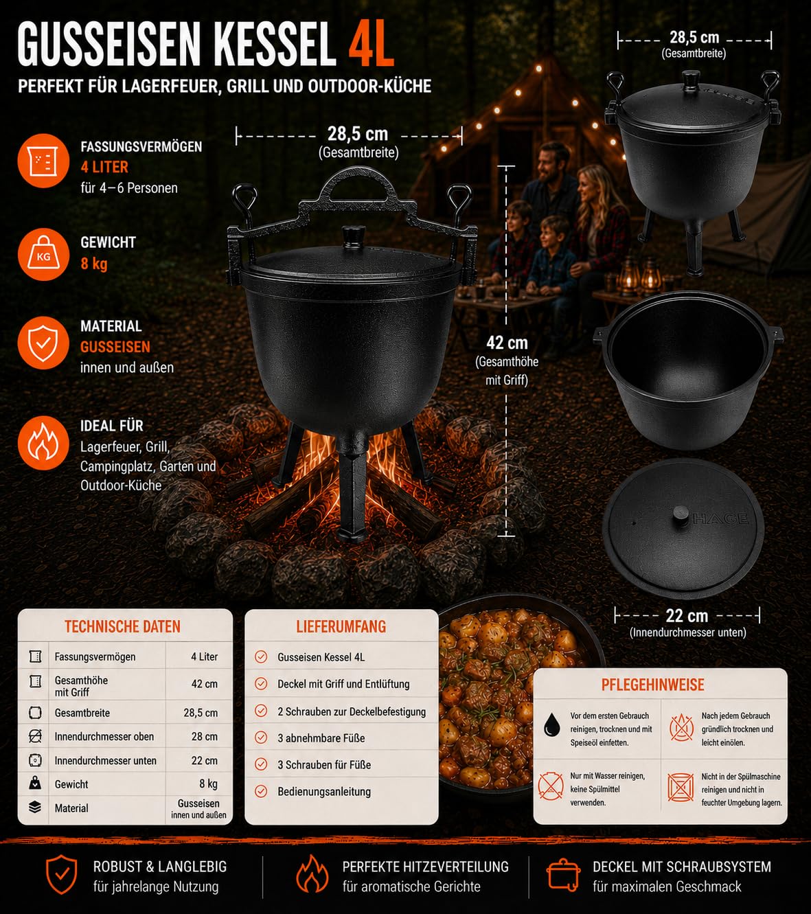 HAGE Gulaschkessel Gusseisen 4L mit Deckel und Standfüßen Dutch Oven Feuertopf für Lagerfeuer Grill Camping Ungarischer Gulaschtopf Schmortopf für Eintopf Suppe Fleisch und BBQ