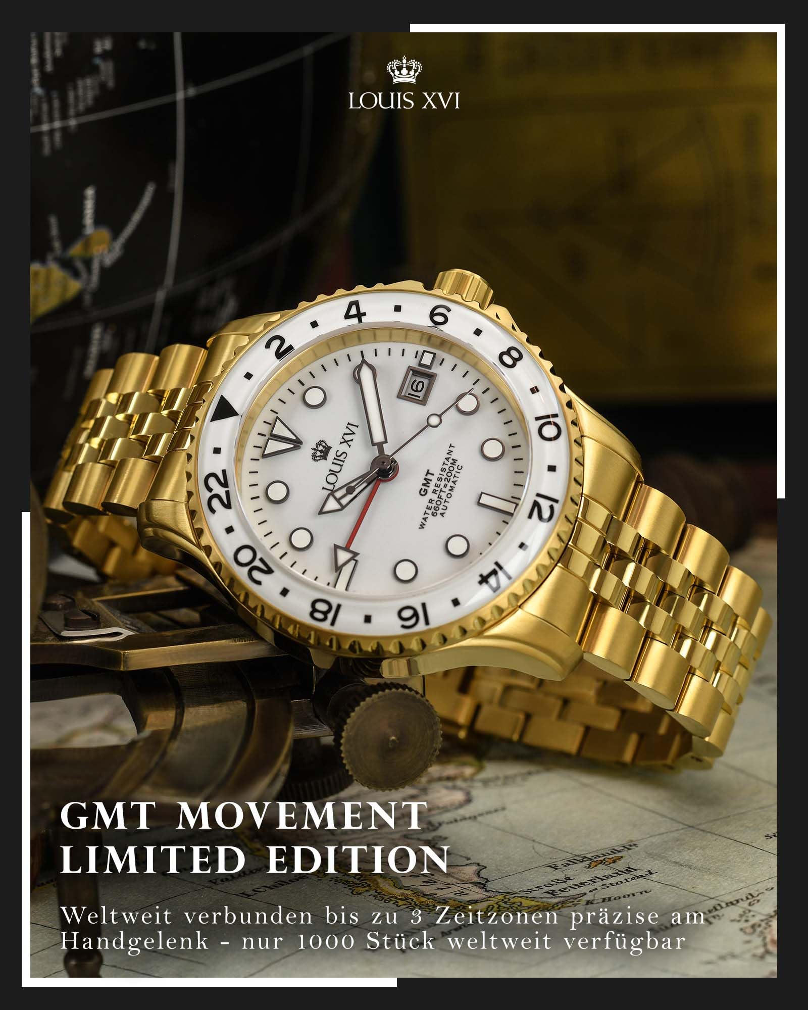 LOUIS XVI Mirabeau GMT 1431 - Ø 41 mm - Herren Uhr - Wasserdicht - Uhr mit Saphirglas - Armband Gold - Zifferblatt Weiss - Automatikuhr