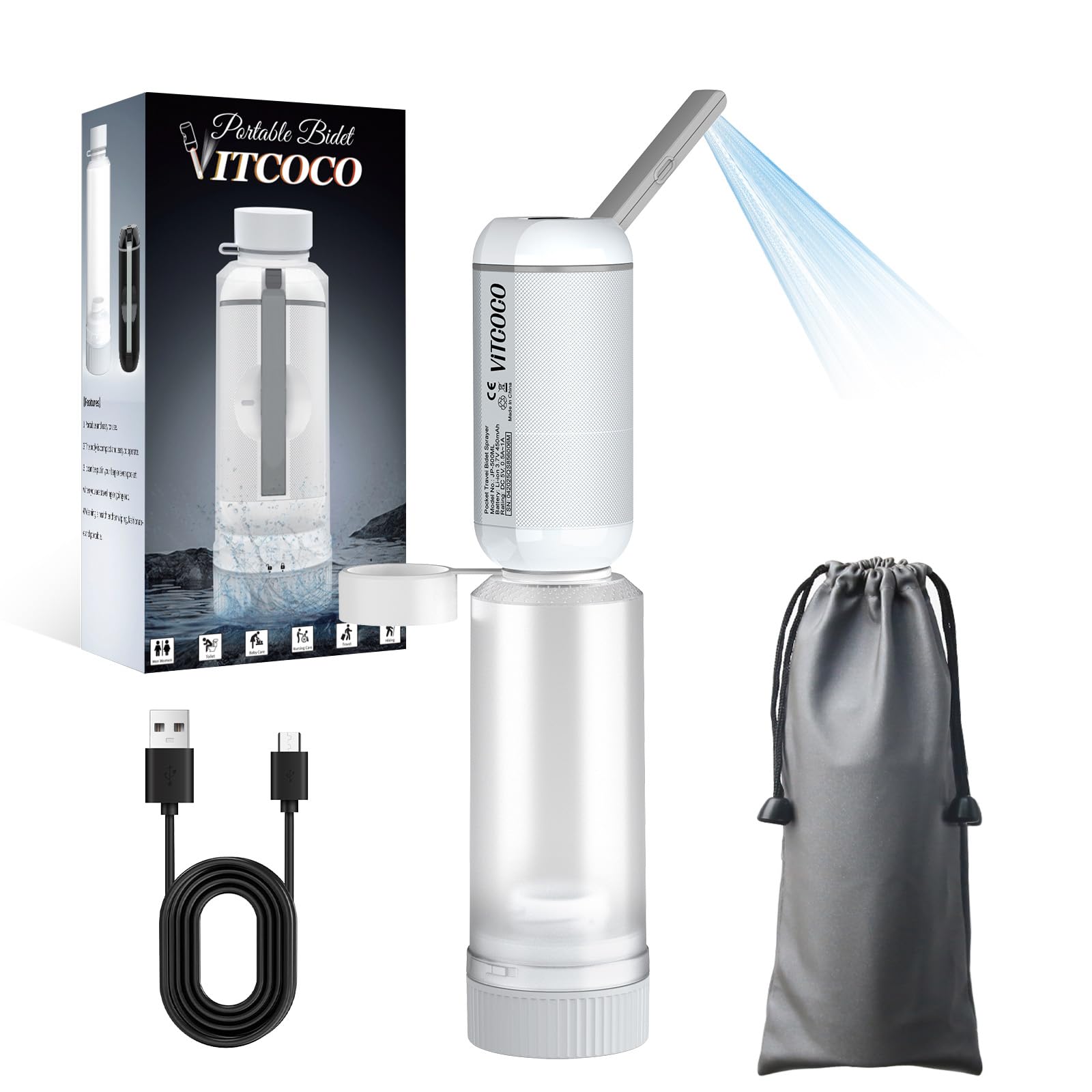 VITCOCO Portable Bidet For Travel, Rechargeable Electric Personal Hygiene Sprayer, Shattaf with 2 Pressure Modes, USB Pocket Bidet Sprayer for Personal Hygiene Cleaning, Traveling, Camping, Etc.