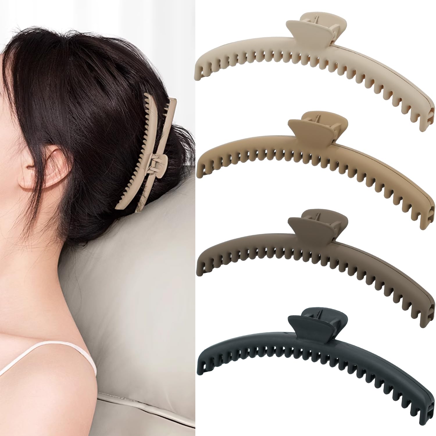 Mevnccola 4.8 Inch XL Banana Hair Clips for Women, Slim Large Hold Everything Hair Claw, Non-Slip Flat Hair Clamps for Lying Down, Driving, Daily Wear & Gifts, Neutral Color, 4 Pack beige, light brown, dark brown, black