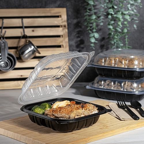 Miniatura 8 de Karat Recipiente con bisagras de polipropileno de alta calidad, recipientes para alimentos para llevar, estuche (8 x 8 pulgadas, 3 compartimentos)