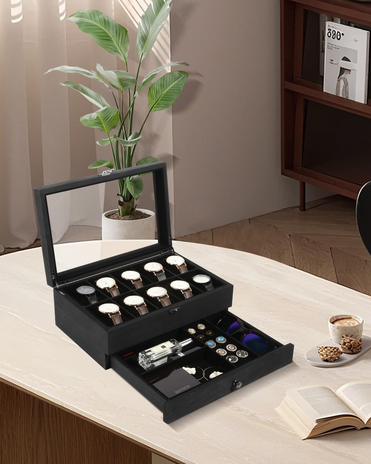 Uten Boîte à Montres 10 Compartiments, 2 Niveaux Coffret à Montres en Bois, Couvercle en Verre, Coffret de Rangement pour Montres, Coussinets Coton de Soie, Doublure Noire, Idée Cadeau