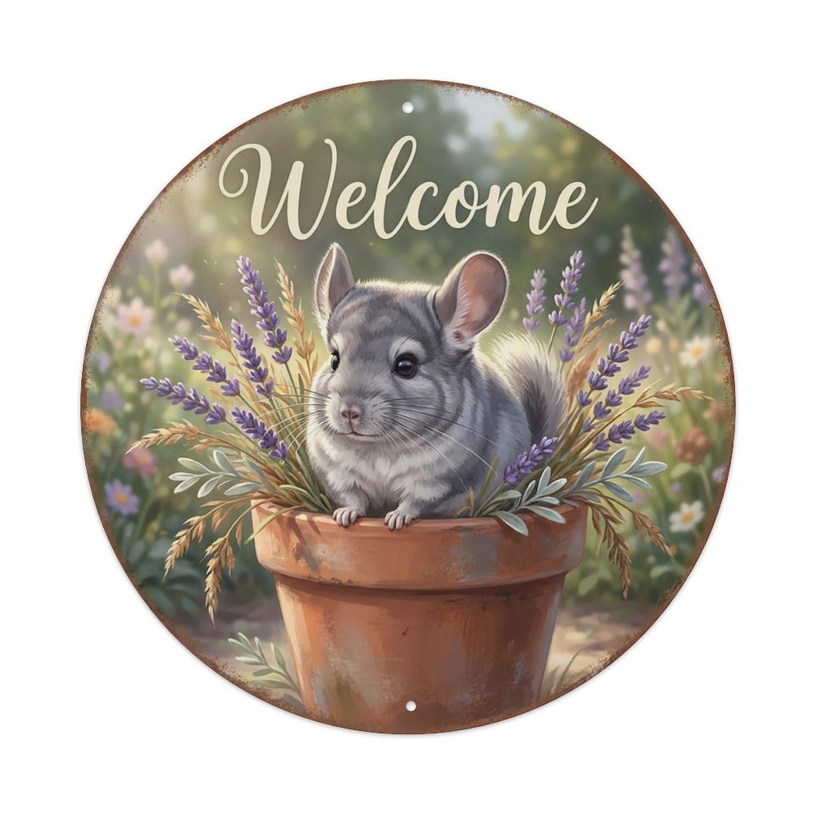 Welcome Chinchilla Lavender Vintage Metal Tin Sign Plaque Wall Decor for Cafe, Club Bar, Office, Garden Metal Poster 8x8Inch