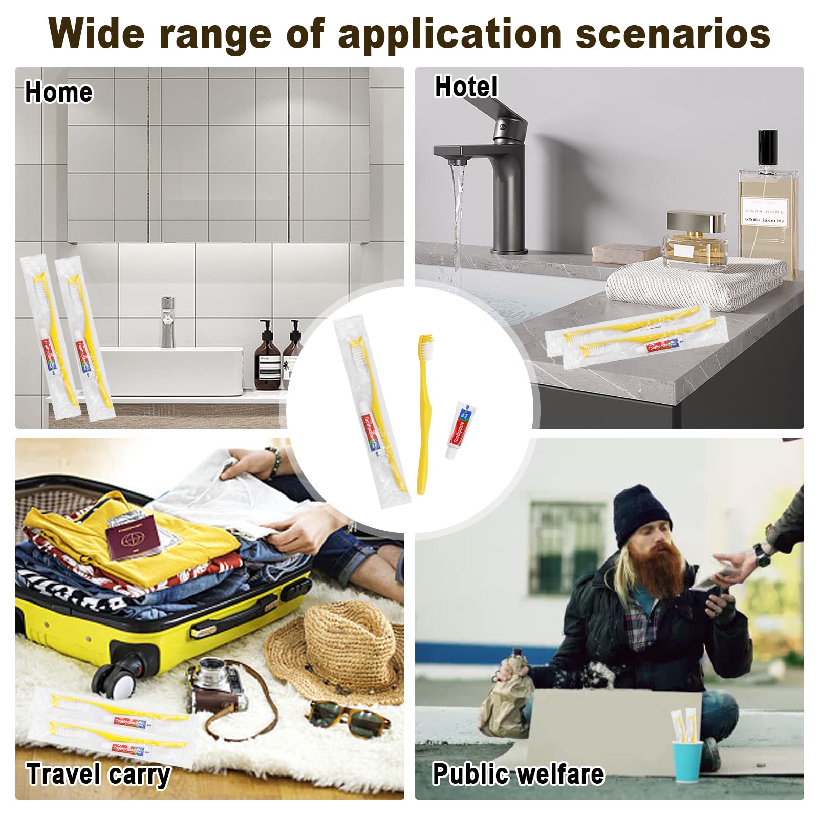 Spazzolini da Denti Monouso,Set da 150 Kit Giallo Vuoto Spazzolino da Denti Usa e Getta con Dentifricio Pacchetto Individuale Spazzolino da Viaggio Kit per Senzatetto,Casa di Cura,Hotel,Beneficenza