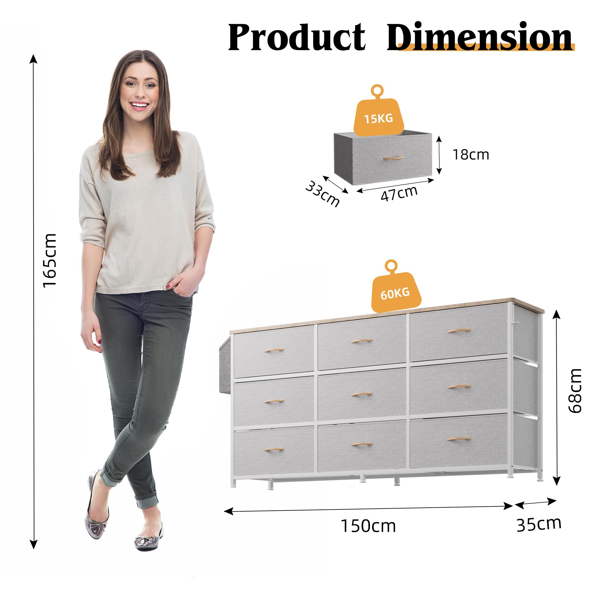 PURFINO Commode En Tissu – Grand Meuble TV Pour Téléviseurs De 43 à 65 Pouces Avec 9 Grands Tiroirs, Étiquettes, Poche Latérale Et Crochet, Pour Salon, Couloir, Chambre
