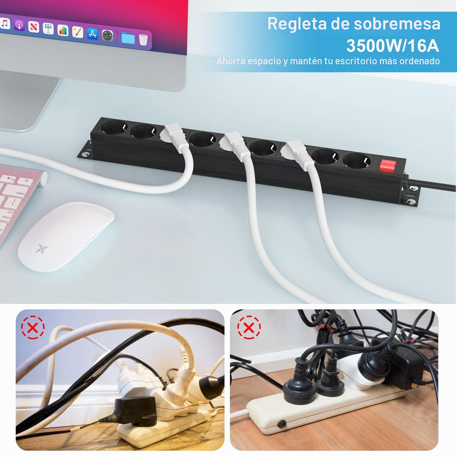 Regleta Enchufes con 9 Tomas, Enchufe Multiple, Regleta Enchufes con Interruptor, Regleta Eléctrica Rack de 19 Pulgadas, Cable de 2M, 3500W/16A para el hogar, Oficina y Viajes, Negro