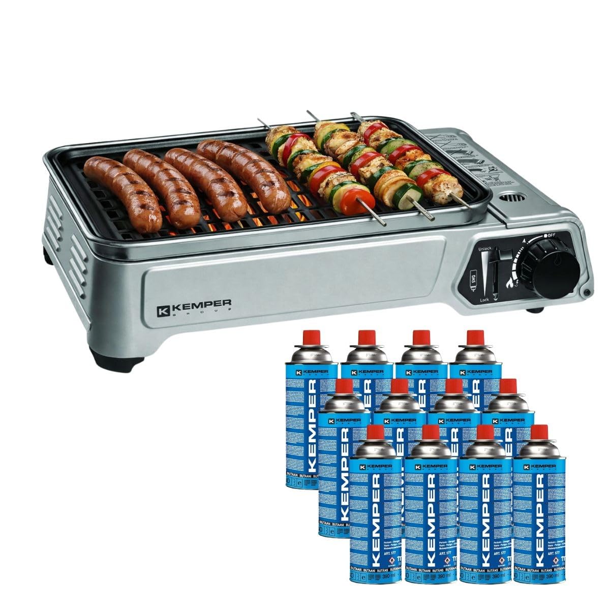 Kemper – Barbacoa de gas de 1900 W, rejilla antiadherente + 12 cartuchos de gas camping