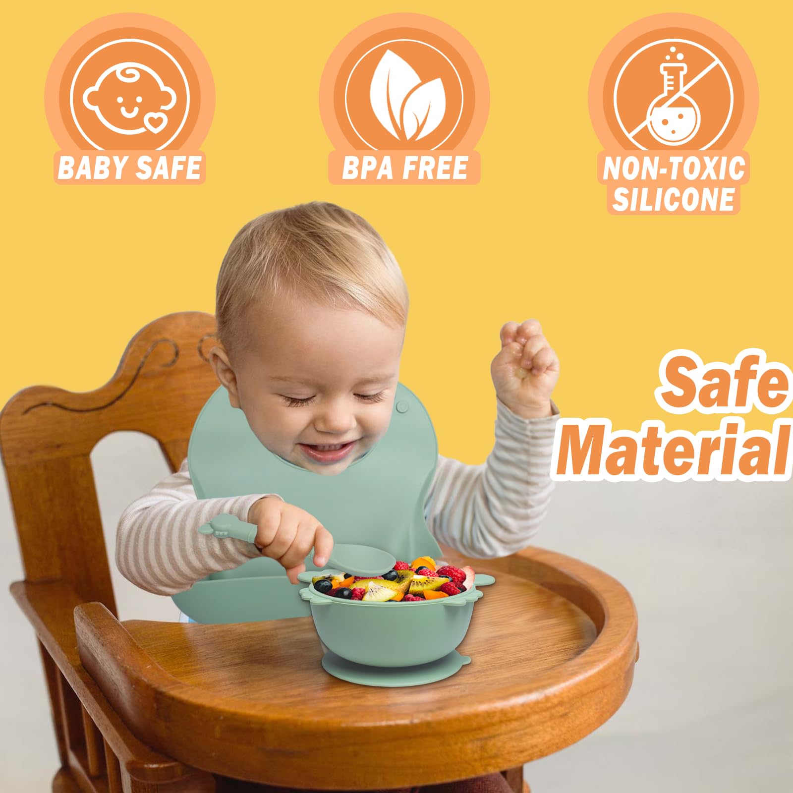 Coffret Repas Bebe, 10 Pièces Assiette bebe Set Vaisselle Antiderapant Silicone avec Ventouse Assiette Bol Fourche Cuillère Bavoir, Enfant Set Couverts Vaisselle Pour Sevrage Manger, Vert