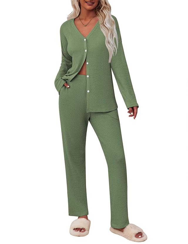 ACEVOG 2 Piece Waffle Knit Pajamas For Women Lounge Sets Long Sleeve Button Down Pajama Sets with Pockets