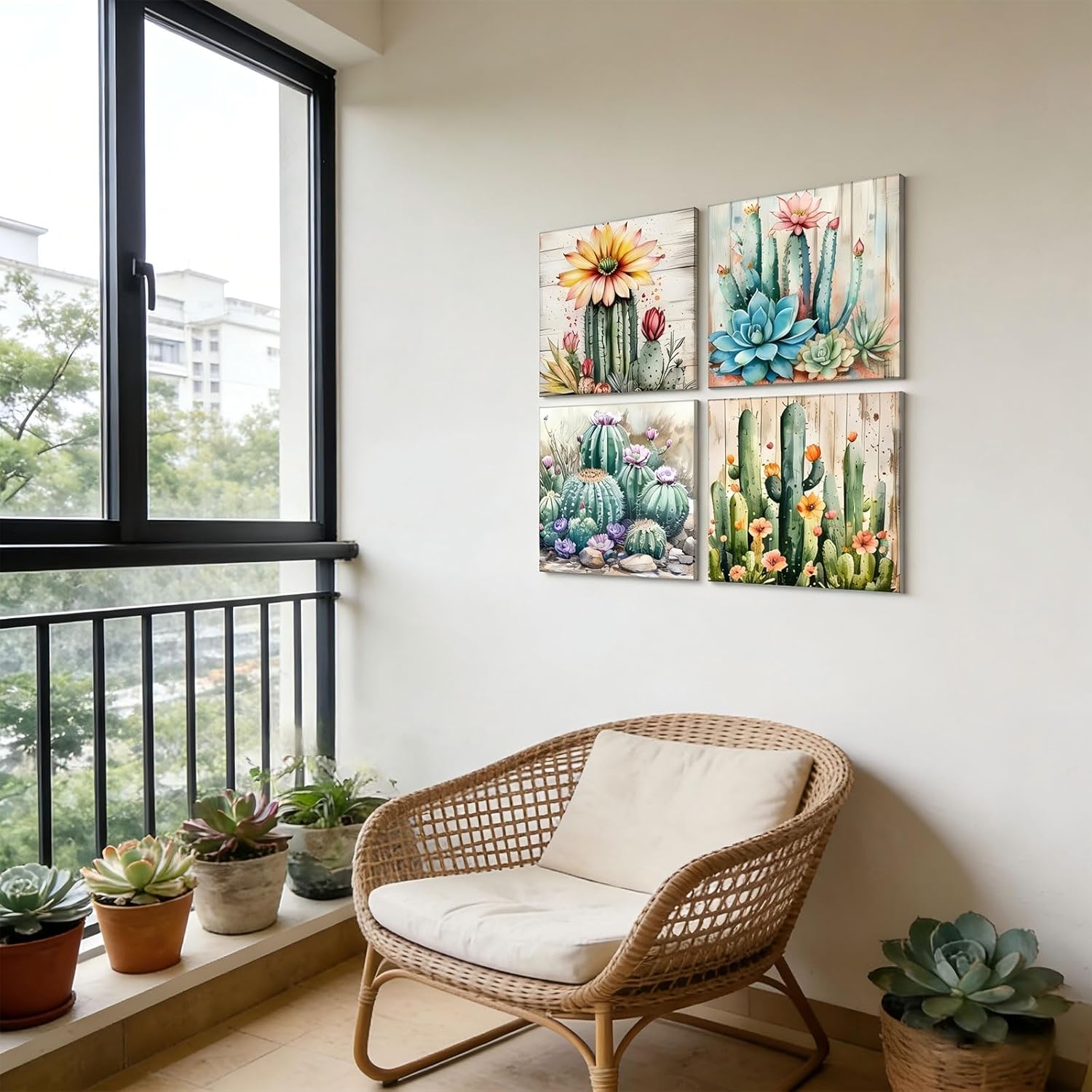 4pcs Cactus Canvas Wall Art Green Succulent Painting Picture Wall Decor Mexican Plants Tropical Flower Poster Print Artwork for Bedroom Living Room Bathroom Kitchen Dorm Office Home Decoration