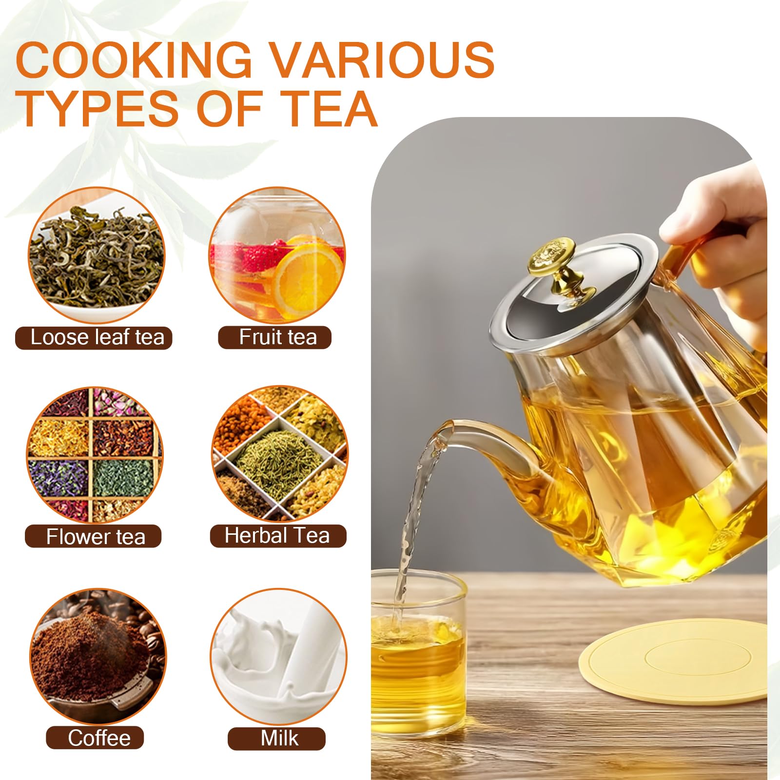 1000ml/34oz Teiera di Vetro con Infusore, Tisaniera in Vetro Resistente al Calore Adatto ai Fornelli, Teiera di Vetro Borosilicato con Filtro in Acciaio Inox per Foglie di Tè Sfuso/Teabloom