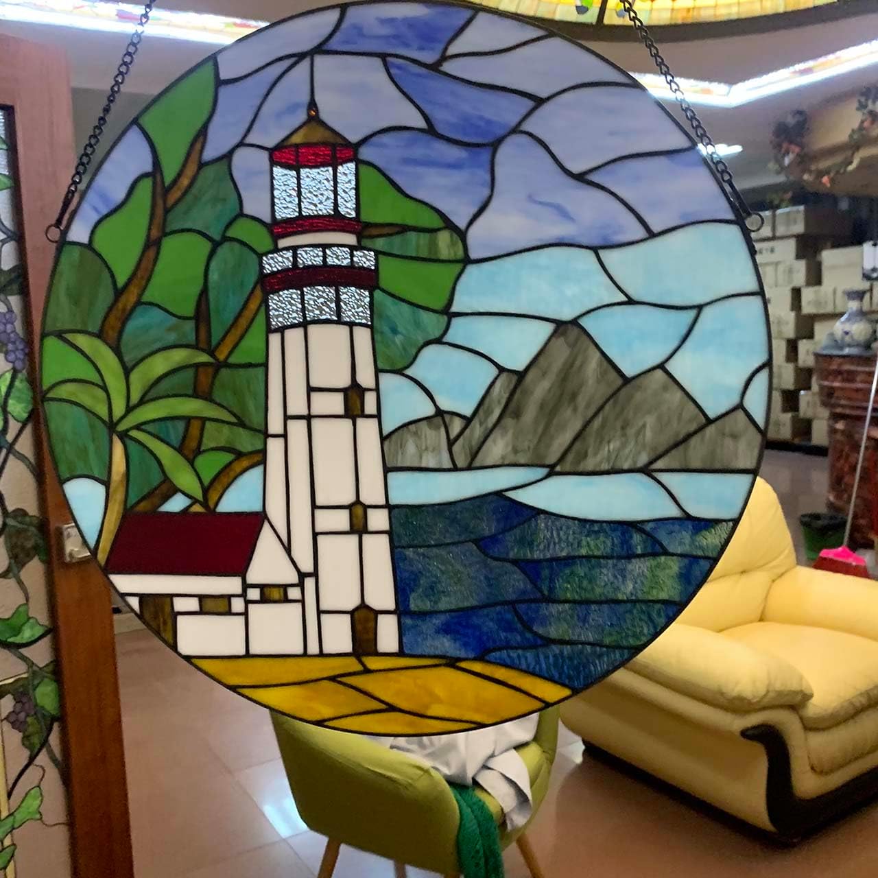 Bieye W10088 Lighthouse Tiffany Style Stained Glass Window Panel, 22-inch Wide Round Shape