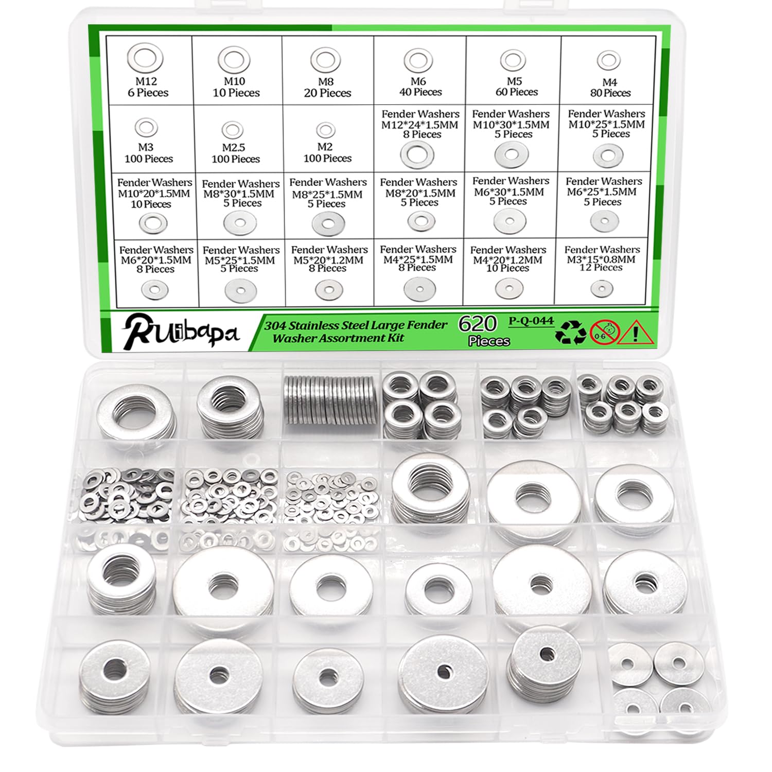 Ruibapa 620pcs Fender Washers for Screws and Bolts,Fender Washer Assortment Kit 304 Stainless Steel 24 Different Sizes-M2 M2.5 M3 M4 M5 M6 M8 M10 M12