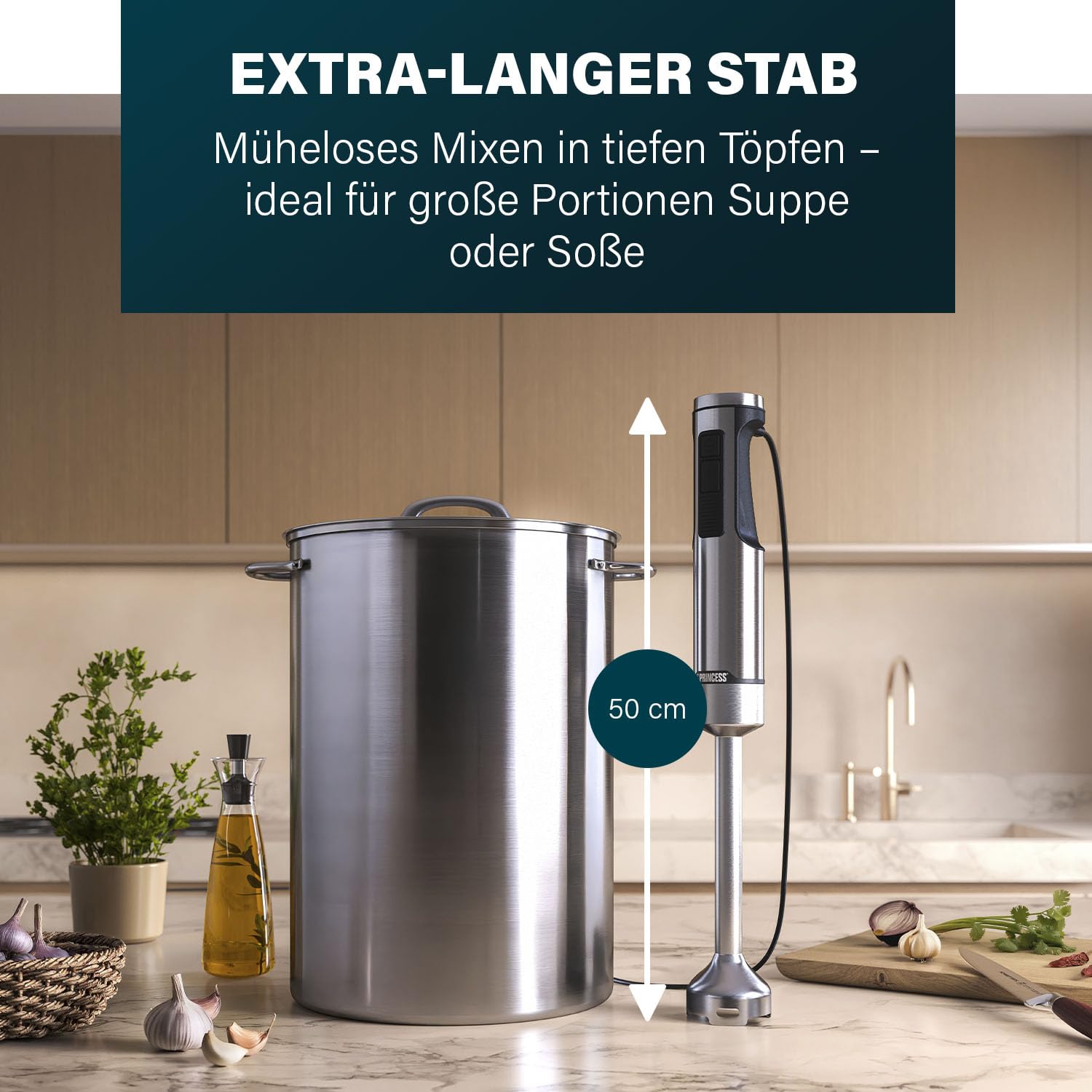 Princess Edelstahl-Stabmixer Prof XXL, 1500W, 50 cm Extra-Langer Stab, 5 Geschwindigkeiten, Turbofunktion, 4-Klingen-System, Messbecher mit Deckel, Spülmaschinenfest, 221233