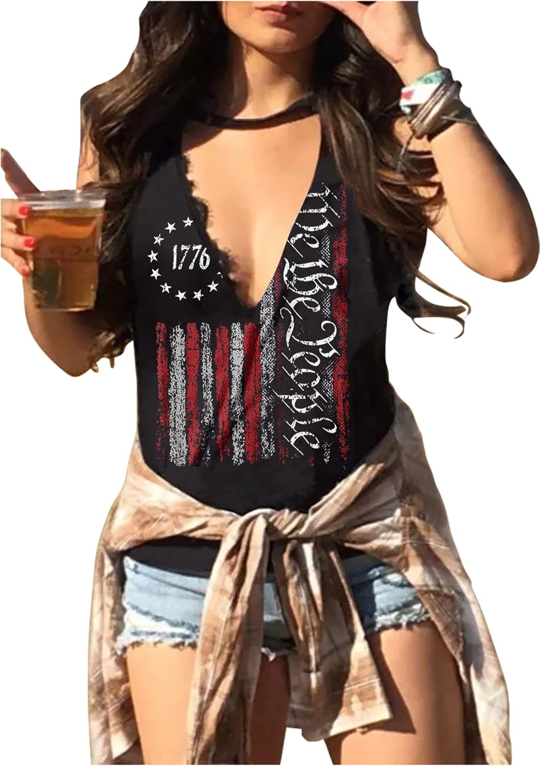 Summer Deep V Neck Tank Tops for Women Western Country Sleeveless Tee Shirts Teen Girls Sexy Casual Concert Tops Outfits