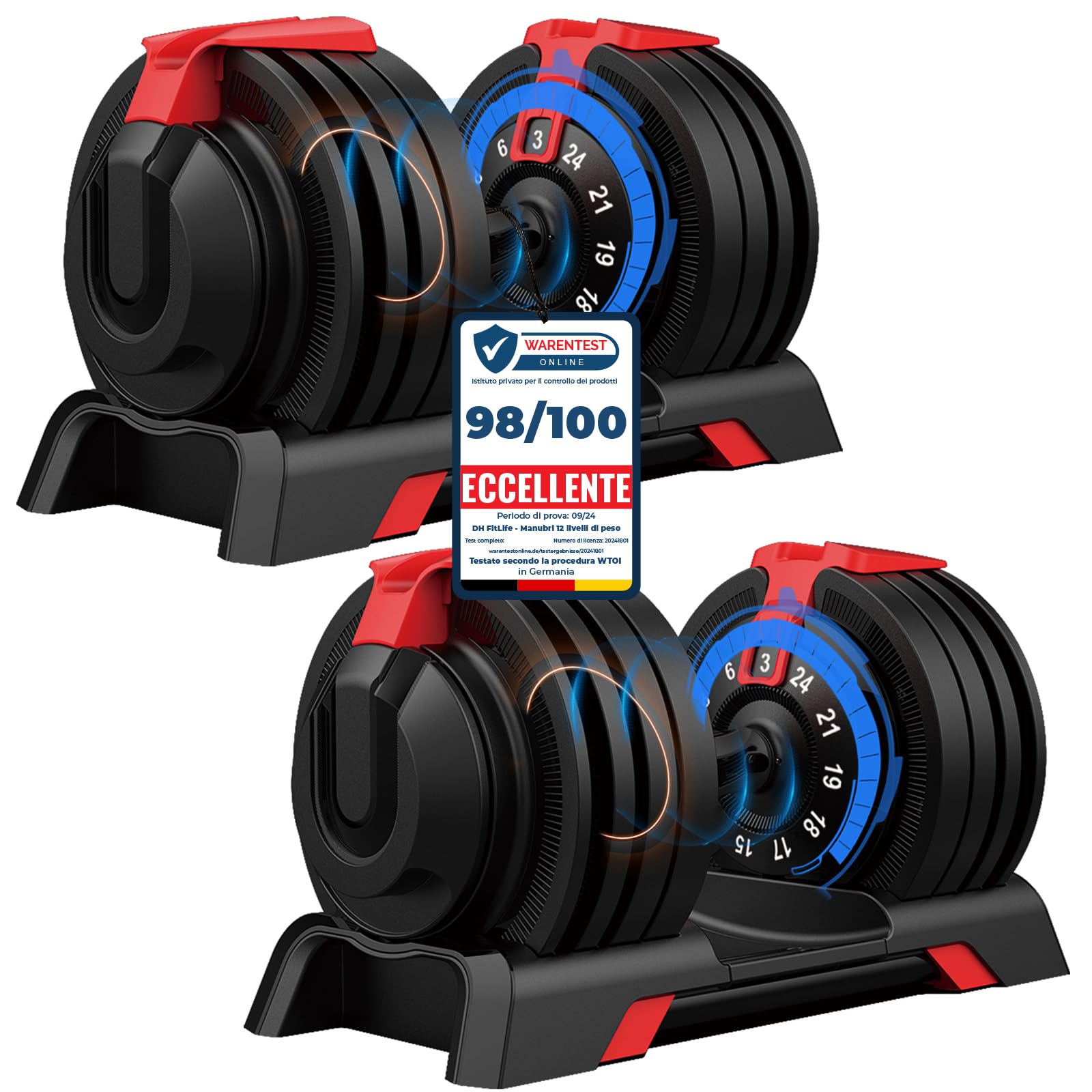 DH FitLife Manubri Regolabili 24 kg, Regolazione Rapida, 12 Livelli da 3 a 24 kg, Set Manubri Palestra in Ghisa, Impugnatura Antiscivolo, Salvaspazio per Palestra Casa