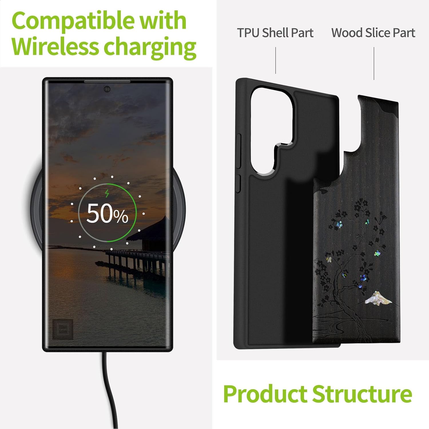 Carveit Designer Wooden Case for Samsung Galaxy S23 Ultra Cover [Wood Engraving & Shell Inlay] Compatible with Wireless Chargers S23 Ultra Case (Cherry Blossom-Blackwood)