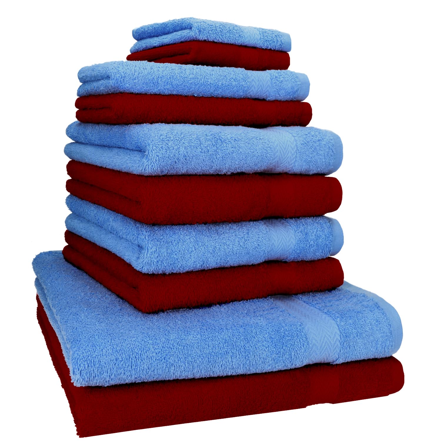 Betz Juego de 10 Toallas Classic 100% algodón 2 Toallas de baño 4 Toallas de Lavabo 2 Toallas de tocador 2 Toallas faciales Rojo Oscuro y Azul Claro