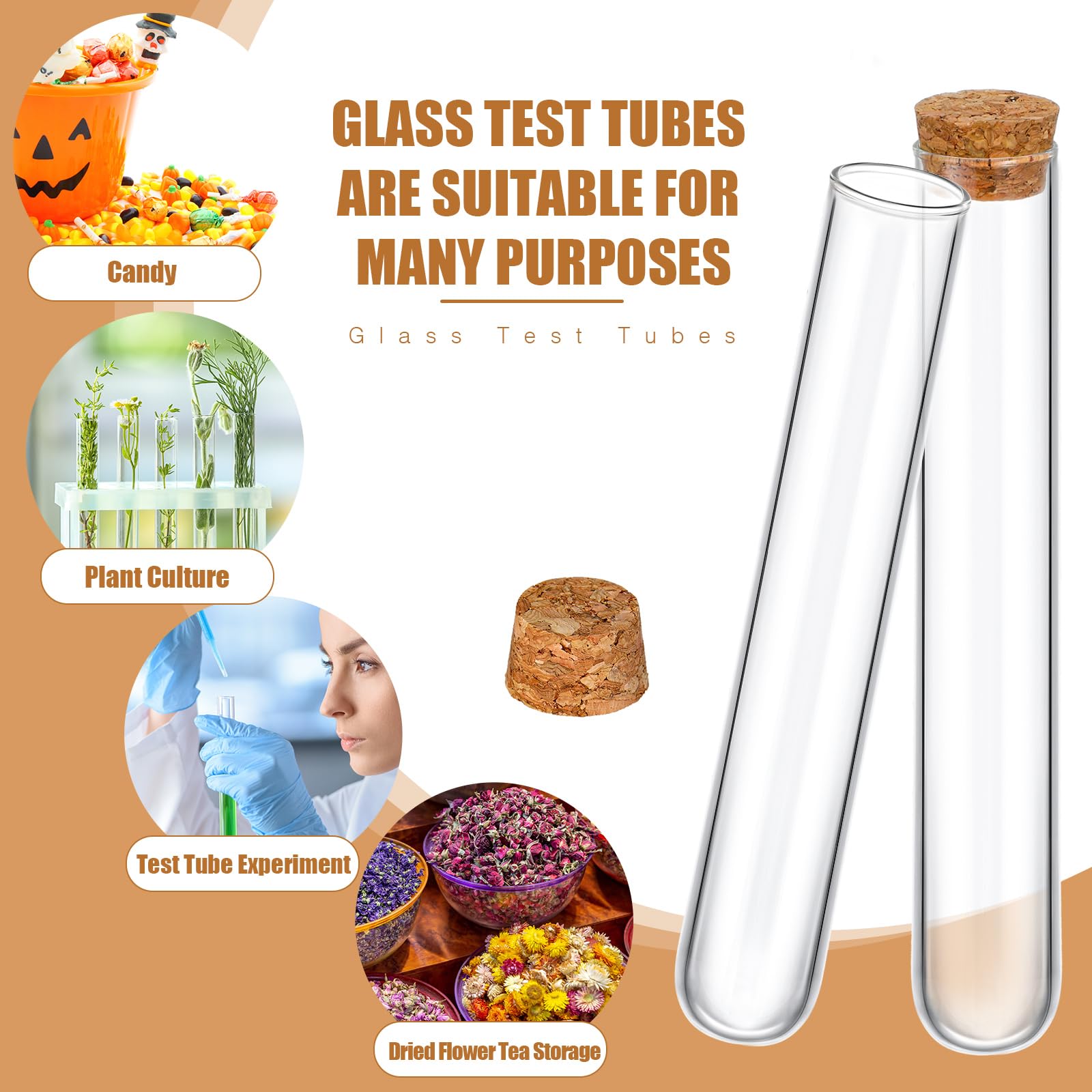 Thyle 100 provette in vetro con tappo trasparente in sughero, fondo rotondo, per test di laboratorio, tamponi per alcol, contenitori per piante, esperimenti scientifici, caramelle, bomboniere (20 x
