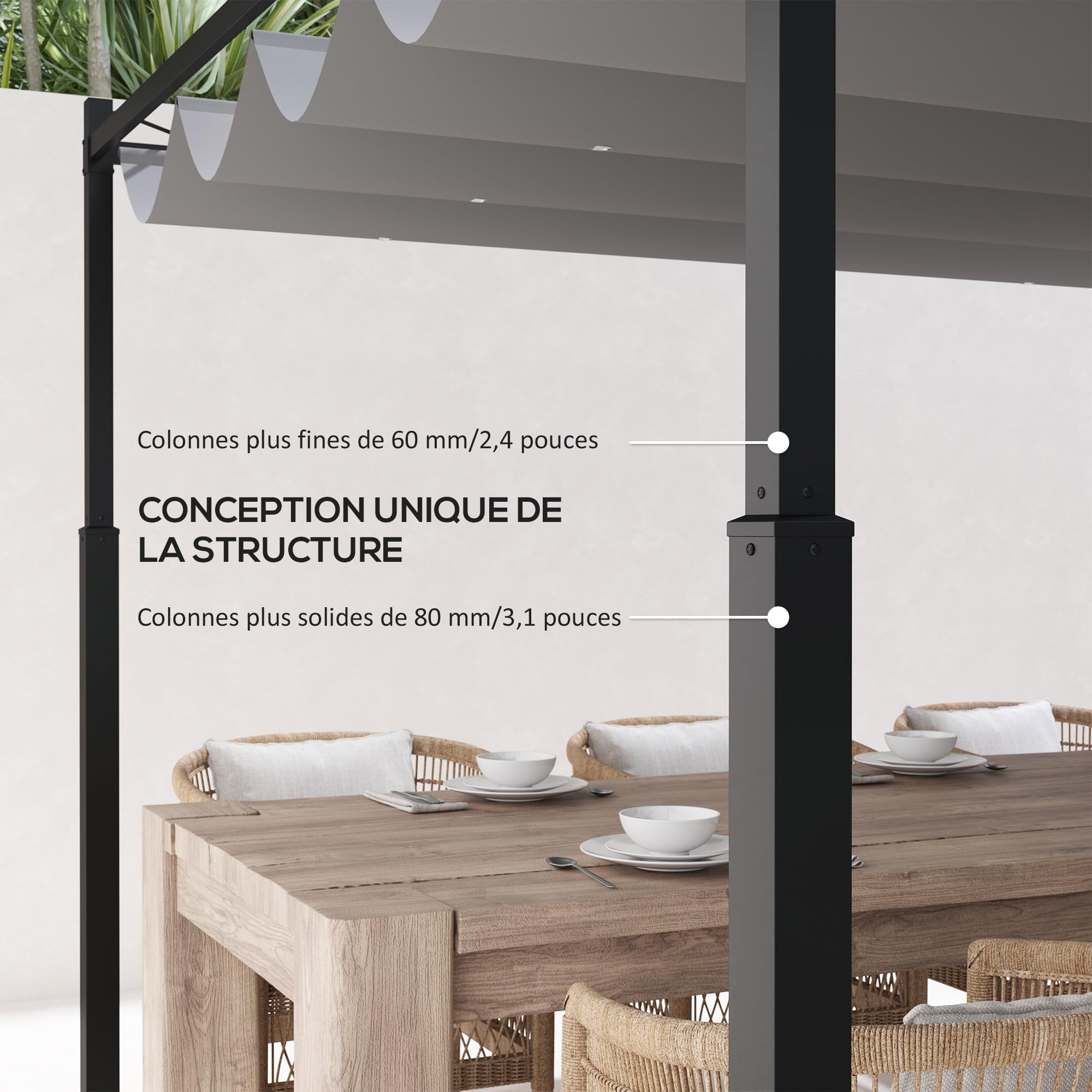 Outsunny Pergola Coulissante Rétractable 3x3 m Fixation Magnétique Gris