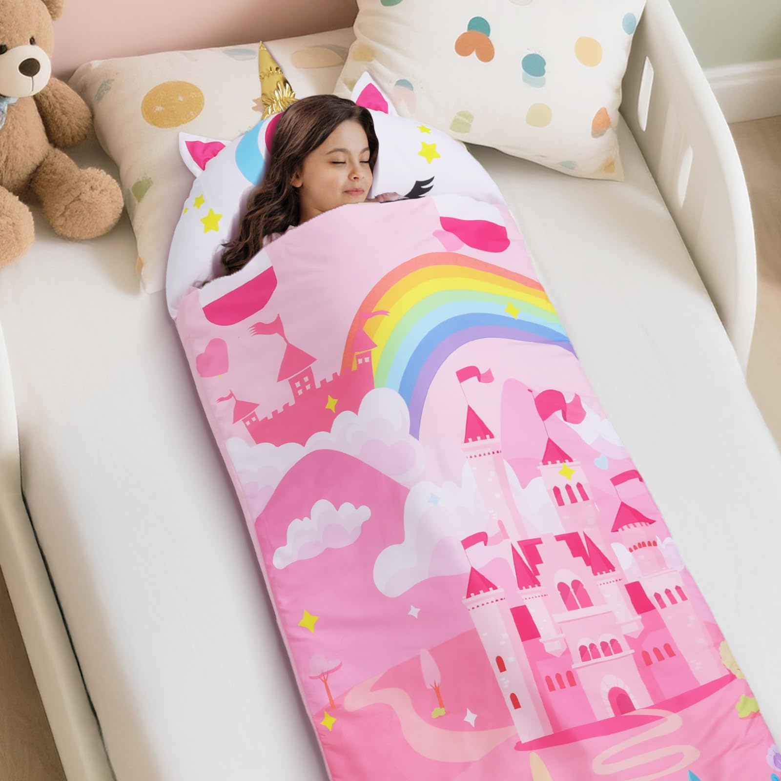 decalsweet Cálida Alfombrilla de Siesta para Niños Pequeños con Almohada Extraíble, Saco de Dormir Plegable para Niñas y Niños, Bolsa de Dormir con Cremallera para Camping Siesta, 150×60cm