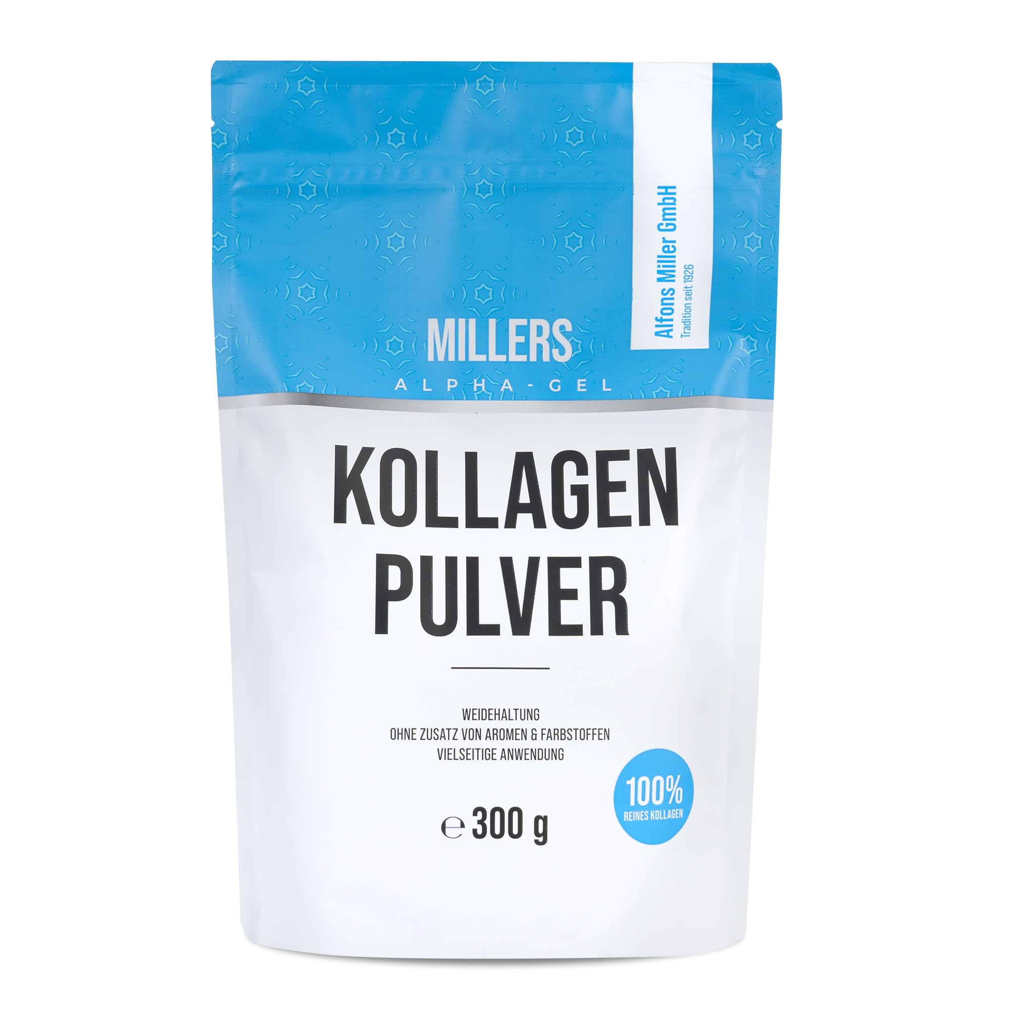 100% reines Kollagen Pulver 300 g – Kollagen Peptide – Collagen Protein – Millers Alpha-Gel – Ohne Zusatzstoffe – Geschmacksneutral – Collagen Pulver – Alfons Miller – Deutsches Familienunternehmen