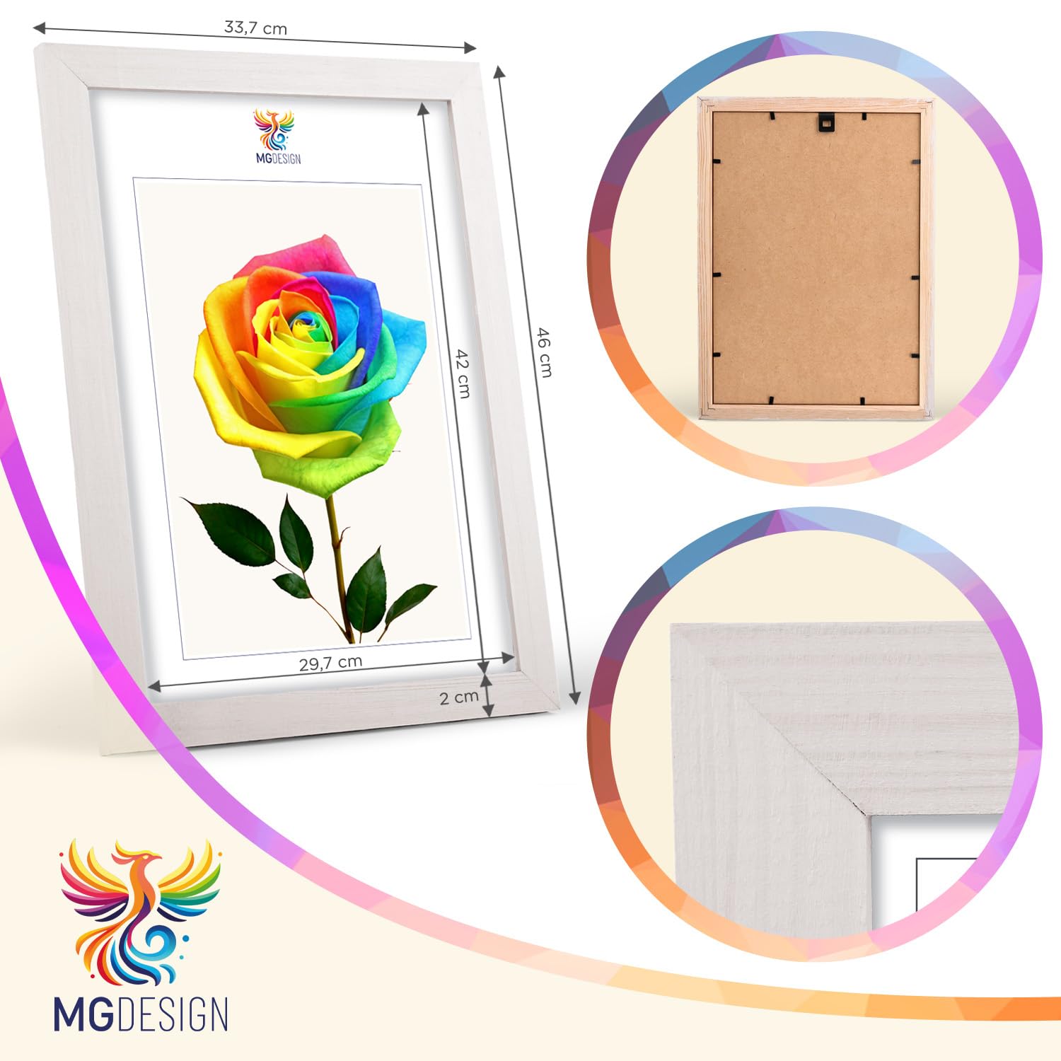 MG Design Set da 5 cornici portafoto A3 29,7 x 42 cm – Cornici in legno Bianco con vetri acrilici infrangibili, verticale e orizzontale con fissaggio a parete stabile