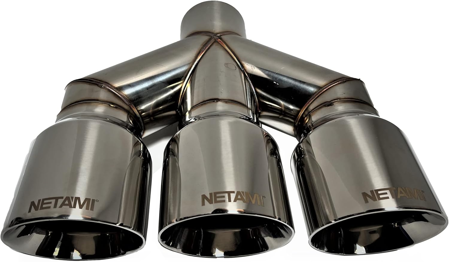 NETAMI 3" Inlet to 4" Triple Outlets Stainless Steel Exhaust Tip Dual Wall Chrome Polished